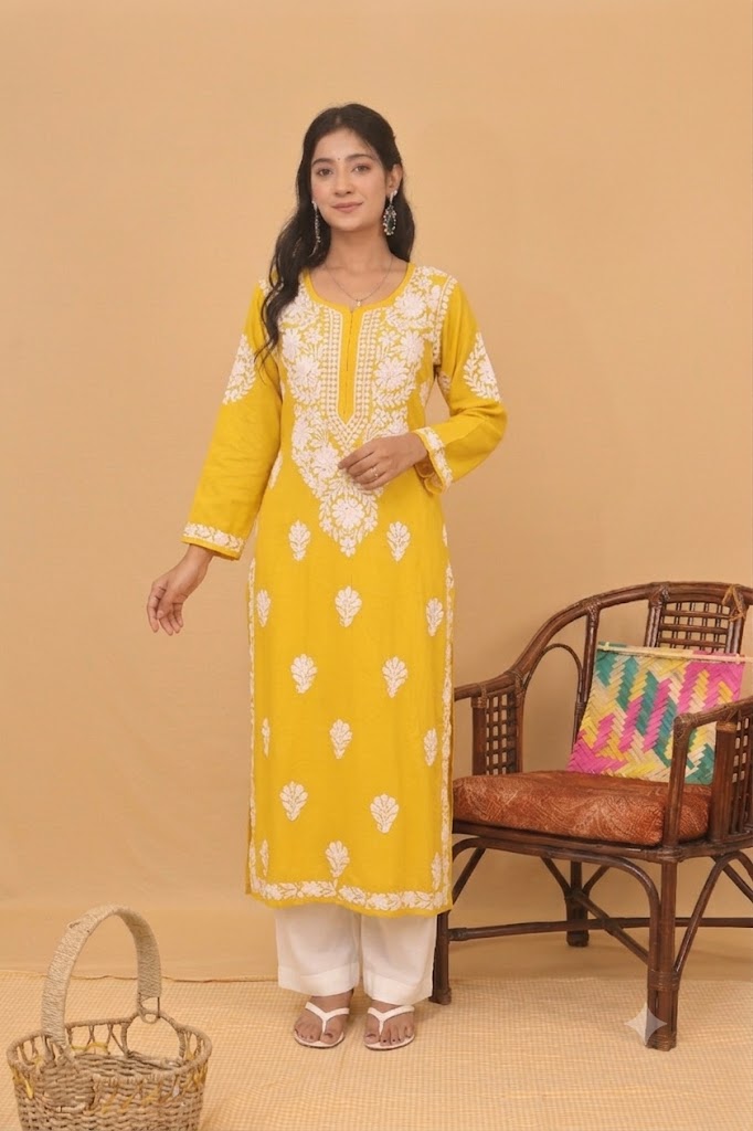 Mustard Rayon White Long Kurti