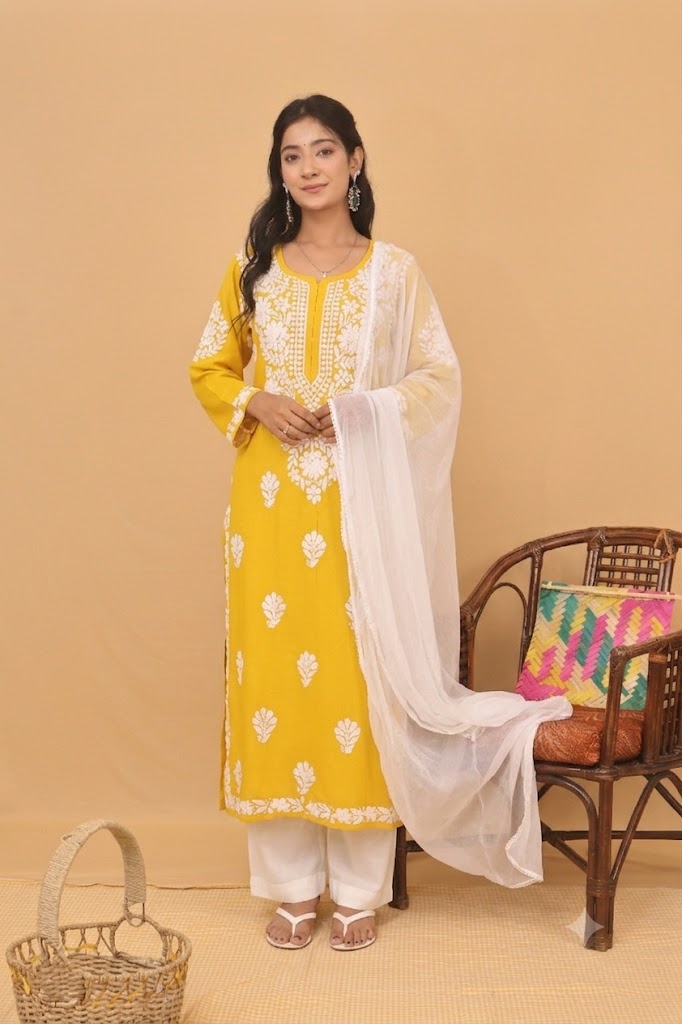 Mustard Rayon White Long Kurti