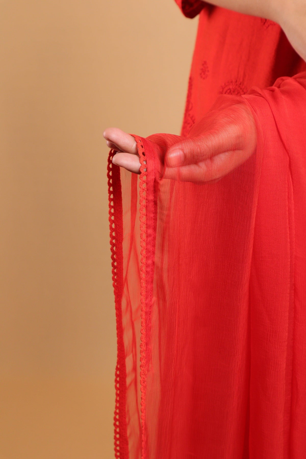 Red Chiffon Dupatta -120DD with Crochet Lace