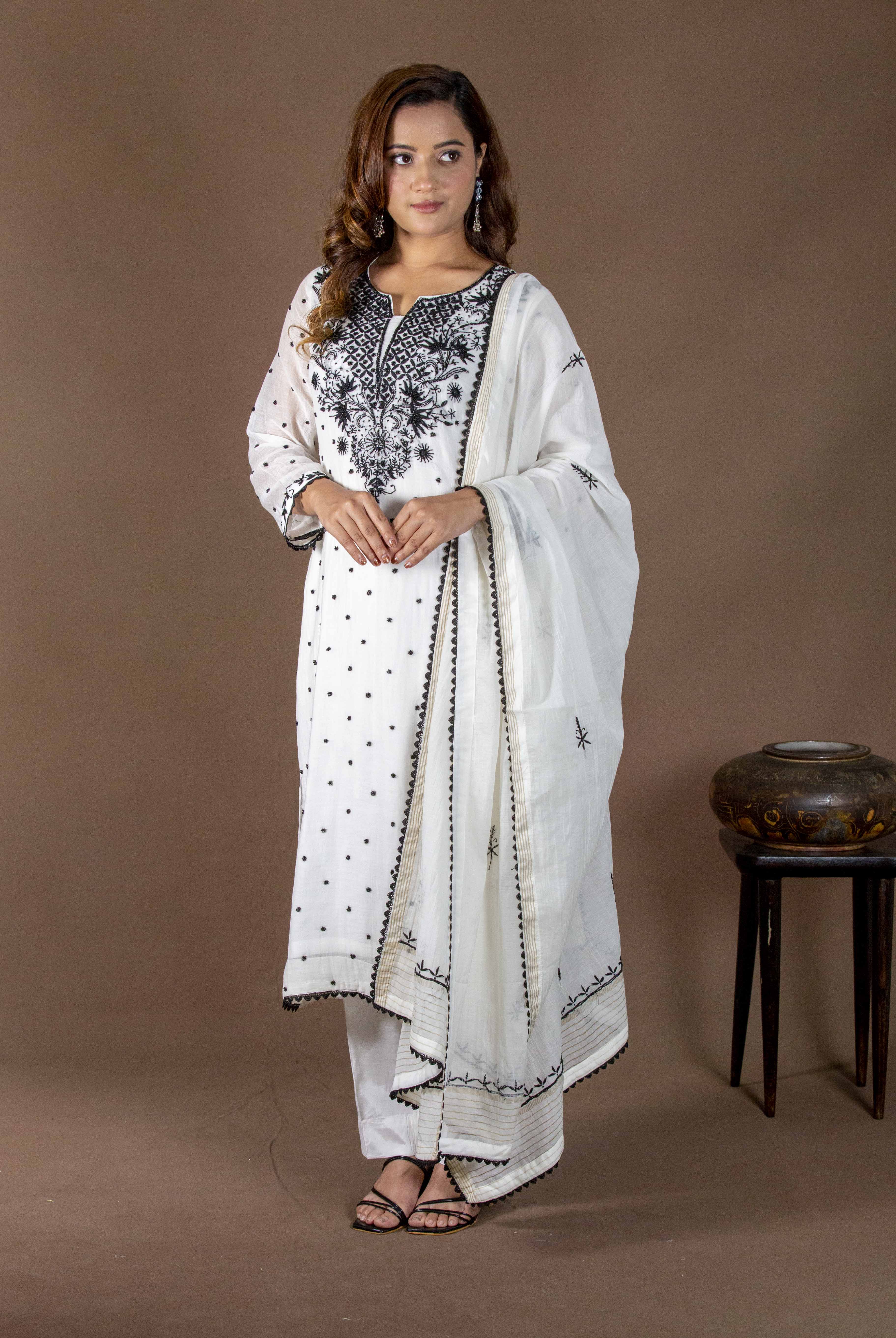 Urviya Chikankari Mul Chanderi White Black Pearl Gala Booti Black Thread Suit