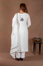 Urviya Chikankari Mul Chanderi White Black Pearl Gala Booti Black Thread Suit