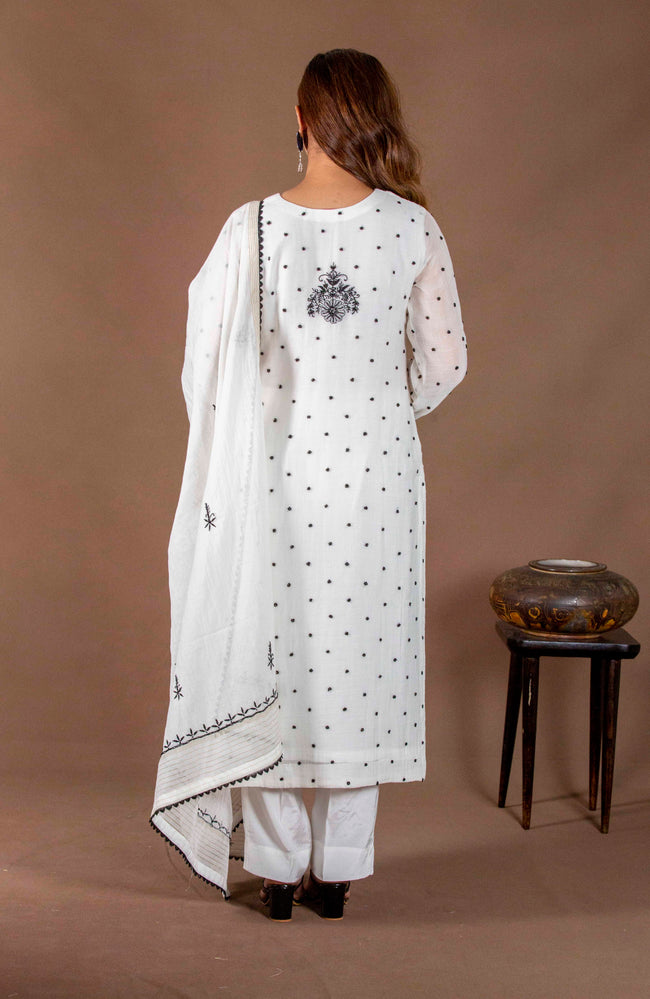 Urviya Chikankari Mul Chanderi White Black Pearl Gala Booti Black Thread Suit