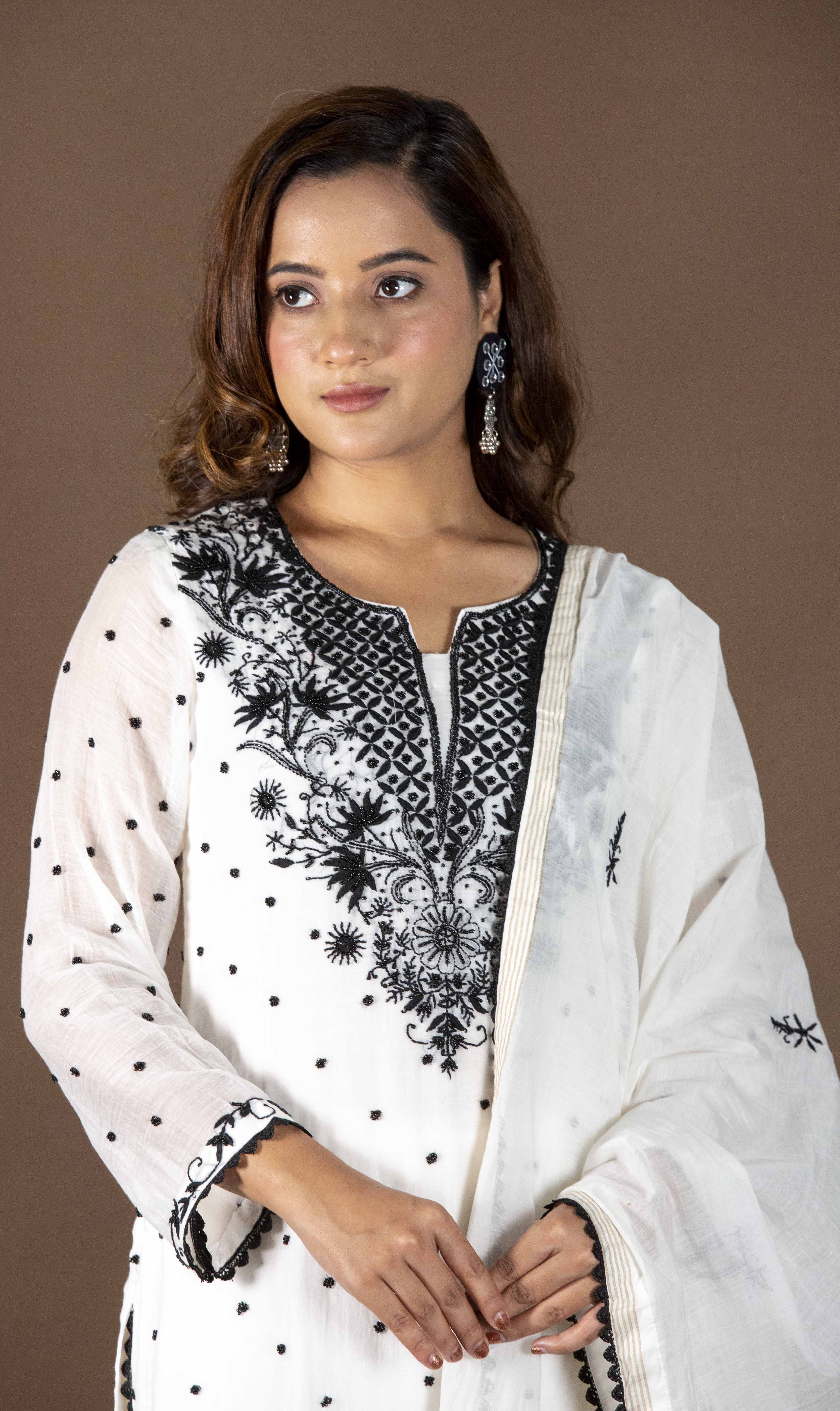Urviya Chikankari Mul Chanderi White Black Pearl Gala Booti Black Thread Suit