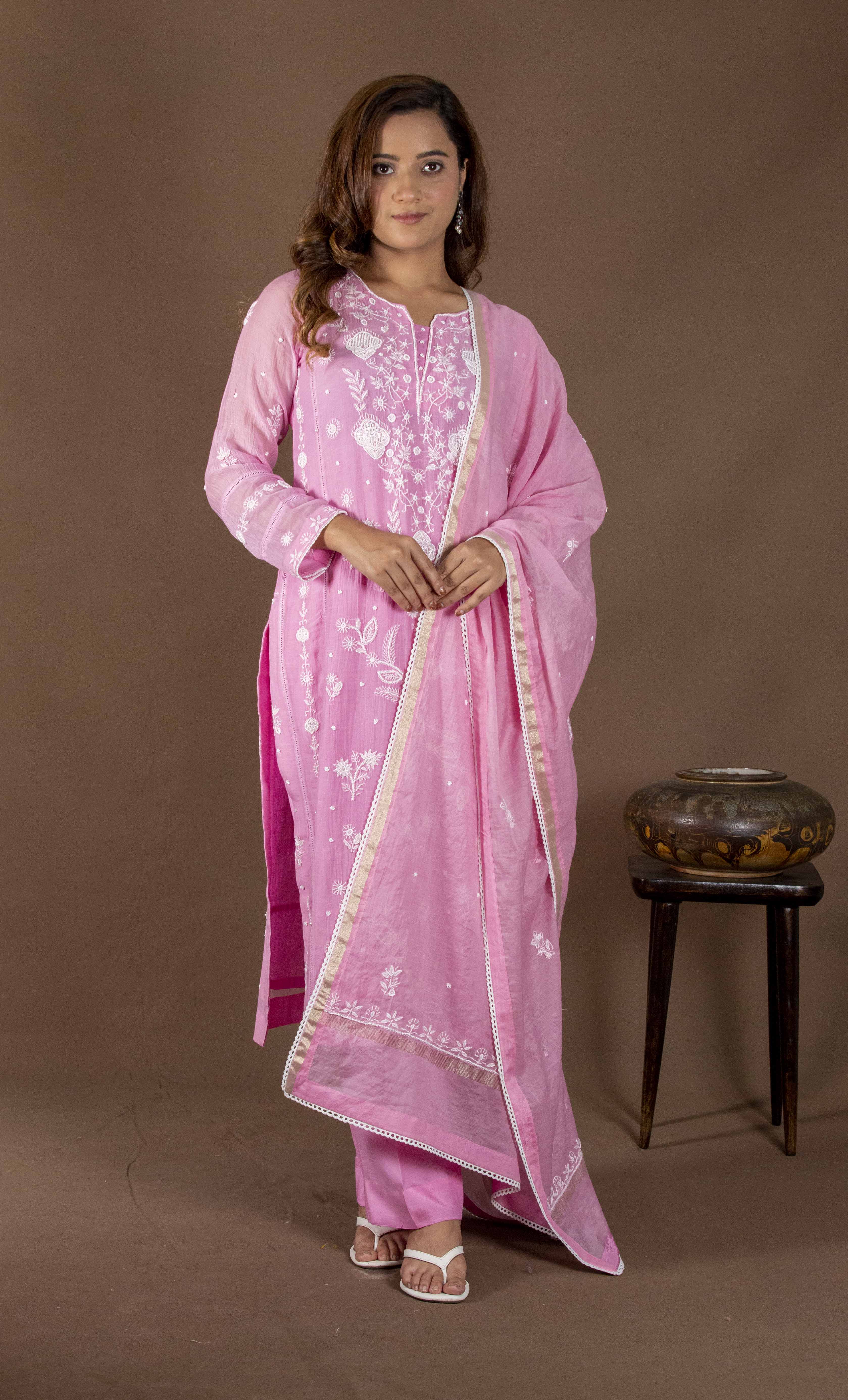 Urviya Chikankari Mul Chanderi Pink Cutdaana Pearl Work Galla Boota Suit