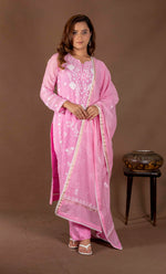 Urviya Chikankari Mul Chanderi Pink Cutdaana Pearl Work Galla Boota Suit