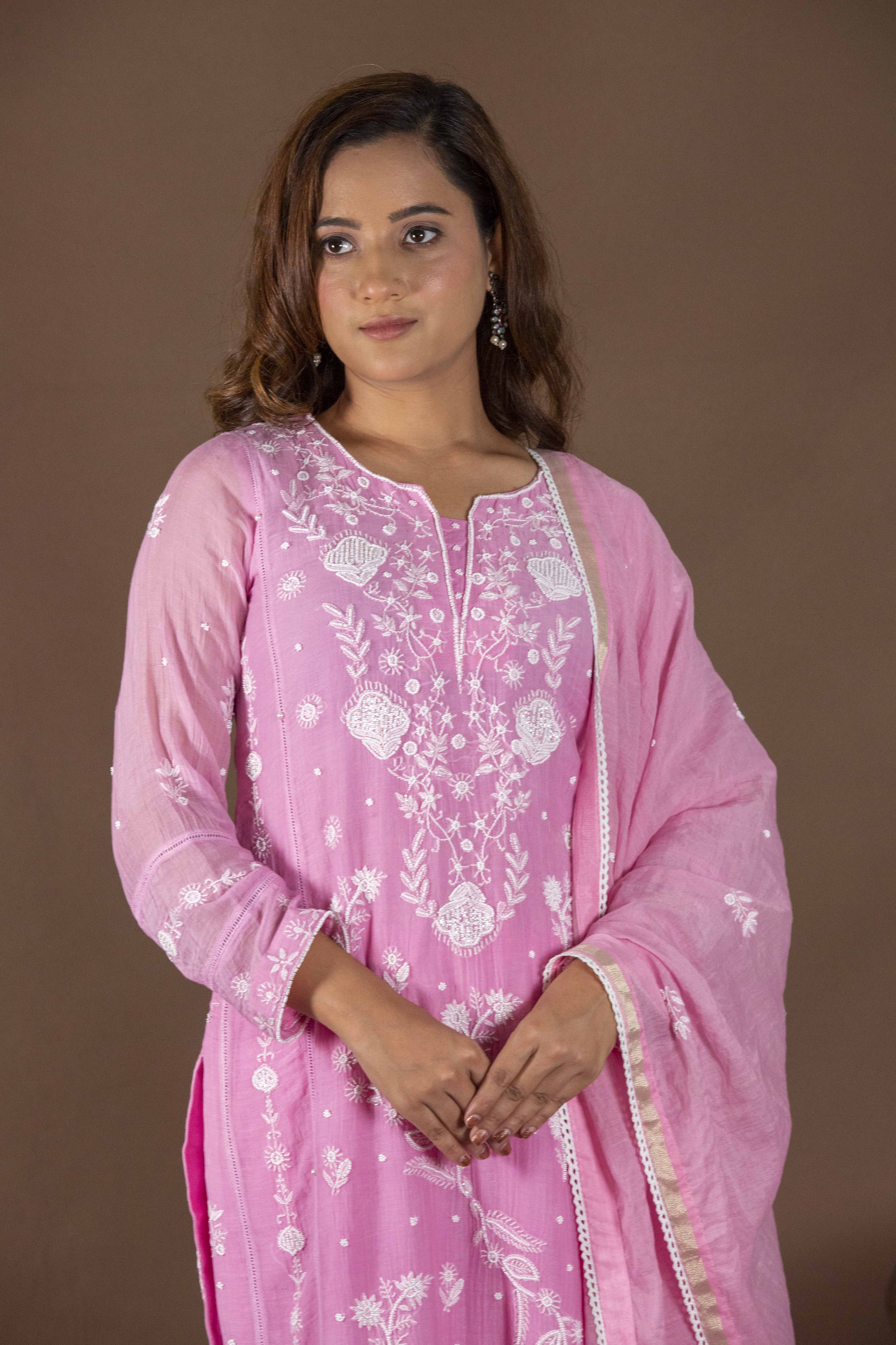 Urviya Chikankari Mul Chanderi Pink Cutdaana Pearl Work Galla Boota Suit