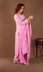 Urviya Chikankari Mul Chanderi Pink Cutdaana Pearl Work Galla Boota Suit