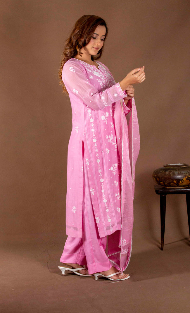 Urviya Chikankari Mul Chanderi Pink Cutdaana Pearl Work Galla Boota Suit