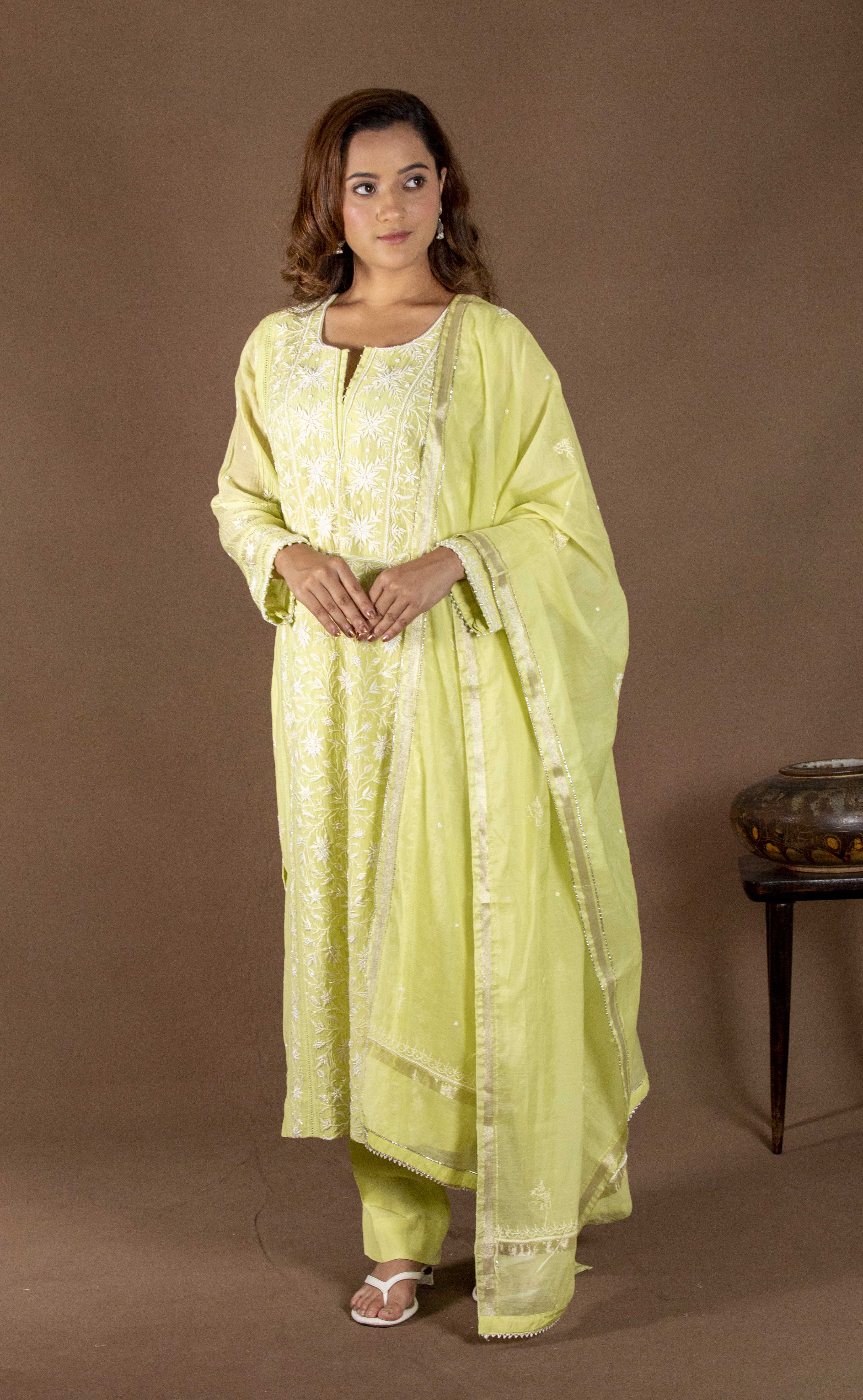 Urviya Chikankari Mul Chanderi Light Green Panel Cutdaana Pearl Work Suit