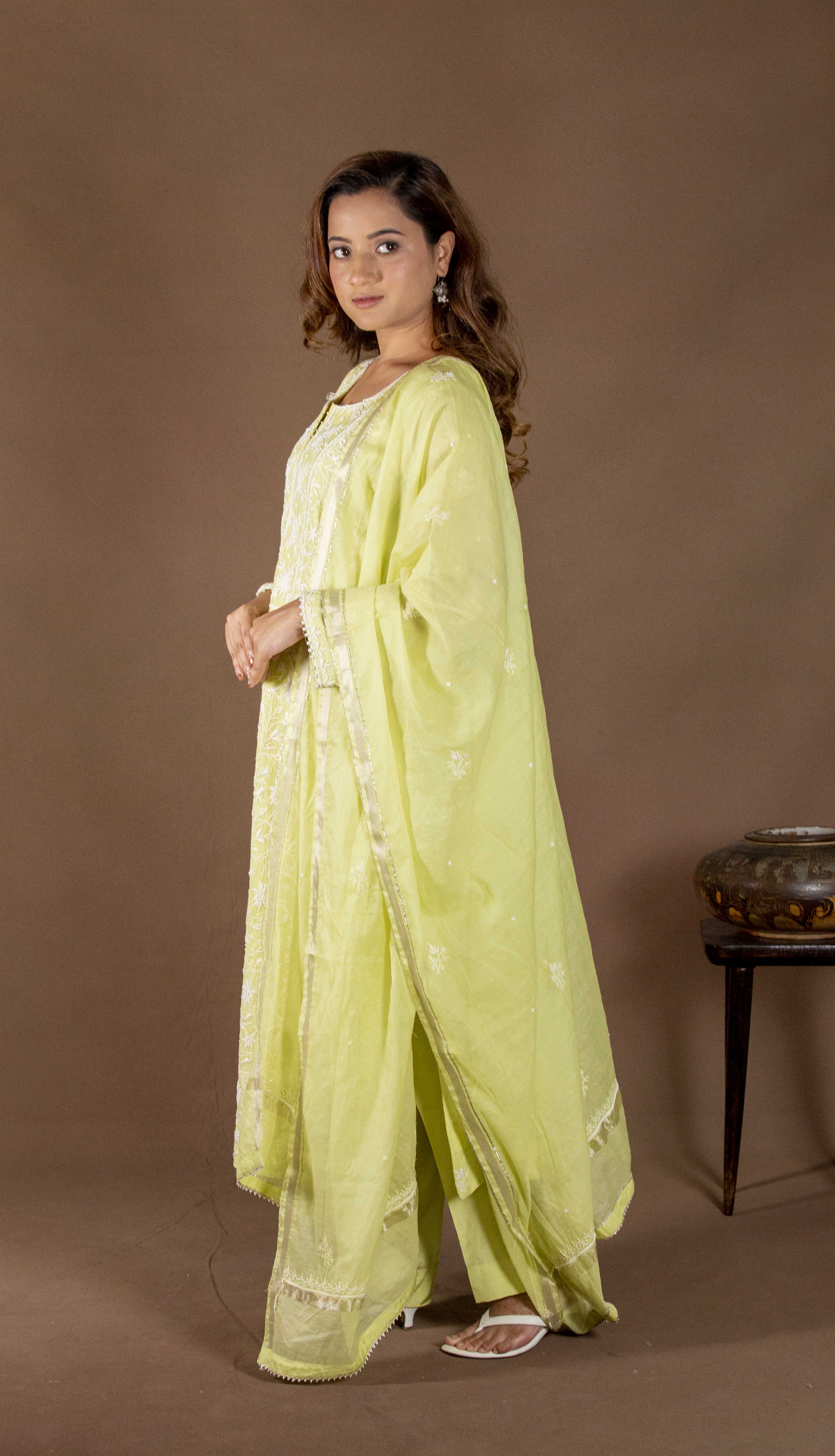 Urviya Chikankari Mul Chanderi Light Green Panel Cutdaana Pearl Work Suit