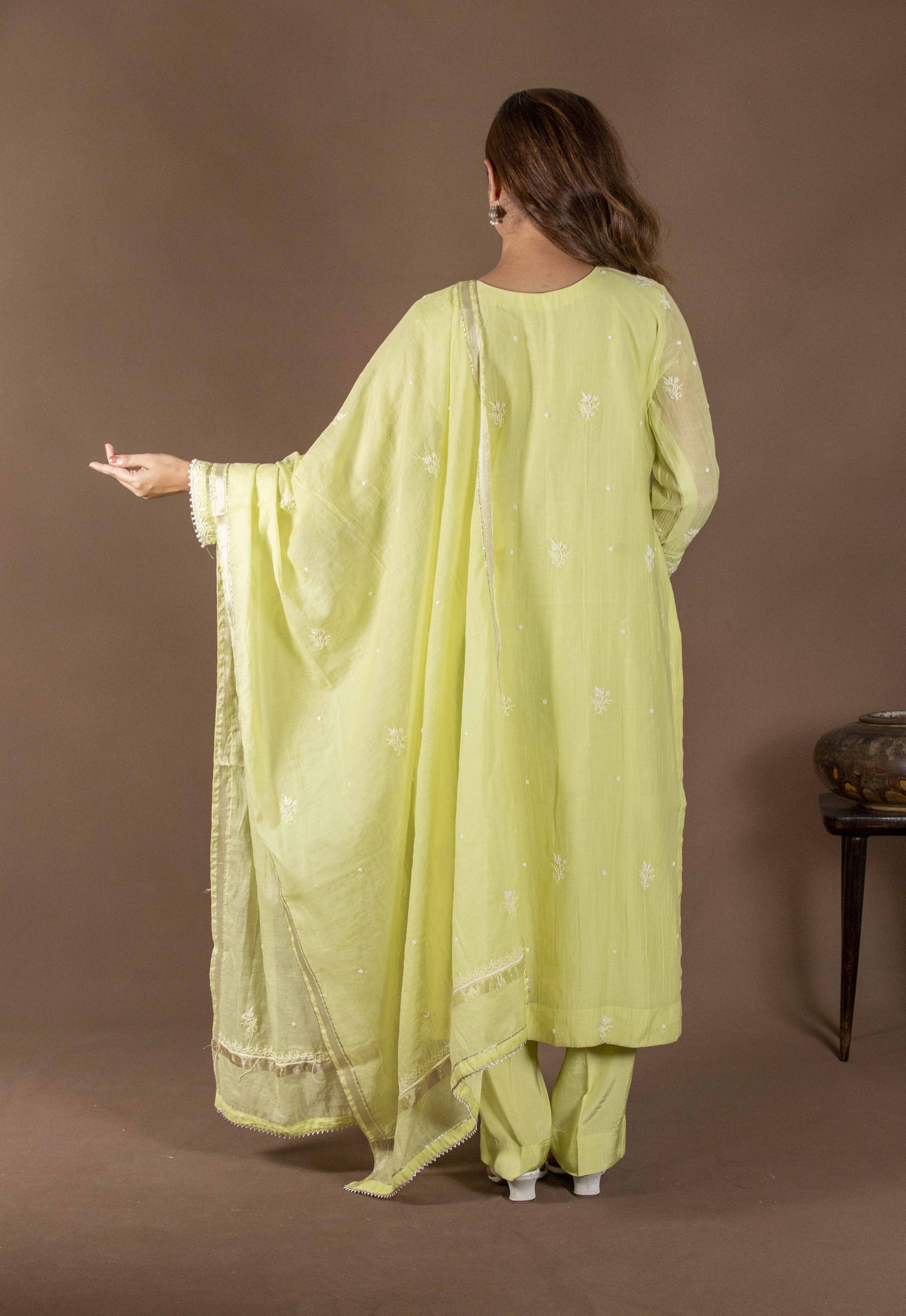 Urviya Chikankari Mul Chanderi Light Green Panel Cutdaana Pearl Work Suit