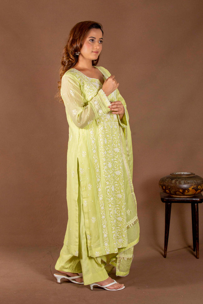 Urviya Chikankari Mul Chanderi Light Green Panel Cutdaana Pearl Work Suit