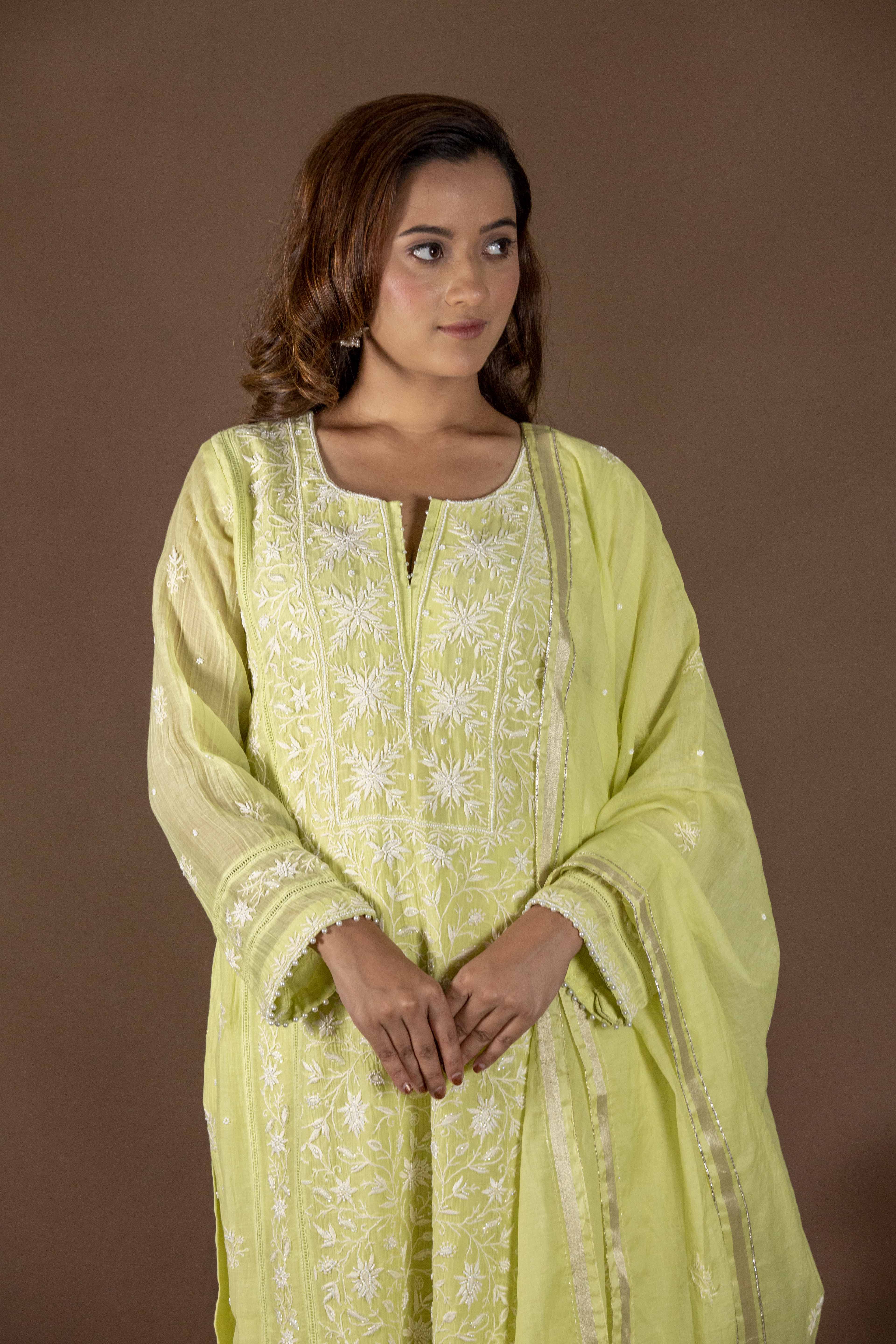 Urviya Chikankari Mul Chanderi Light Green Panel Cutdaana Pearl Work Suit
