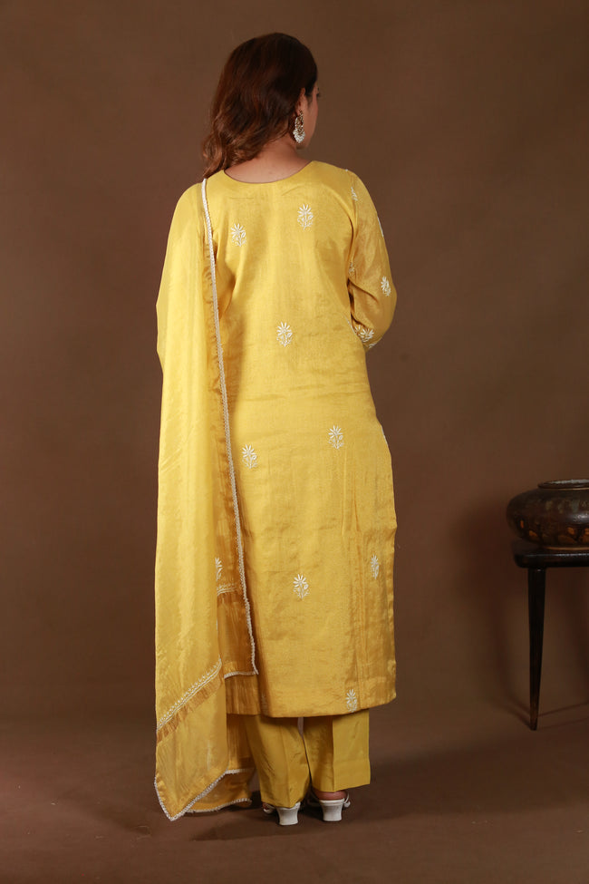 Urviya Chikankari Tissue Golden Cutdaana Pearl Work Galla Boota Daraj Suit