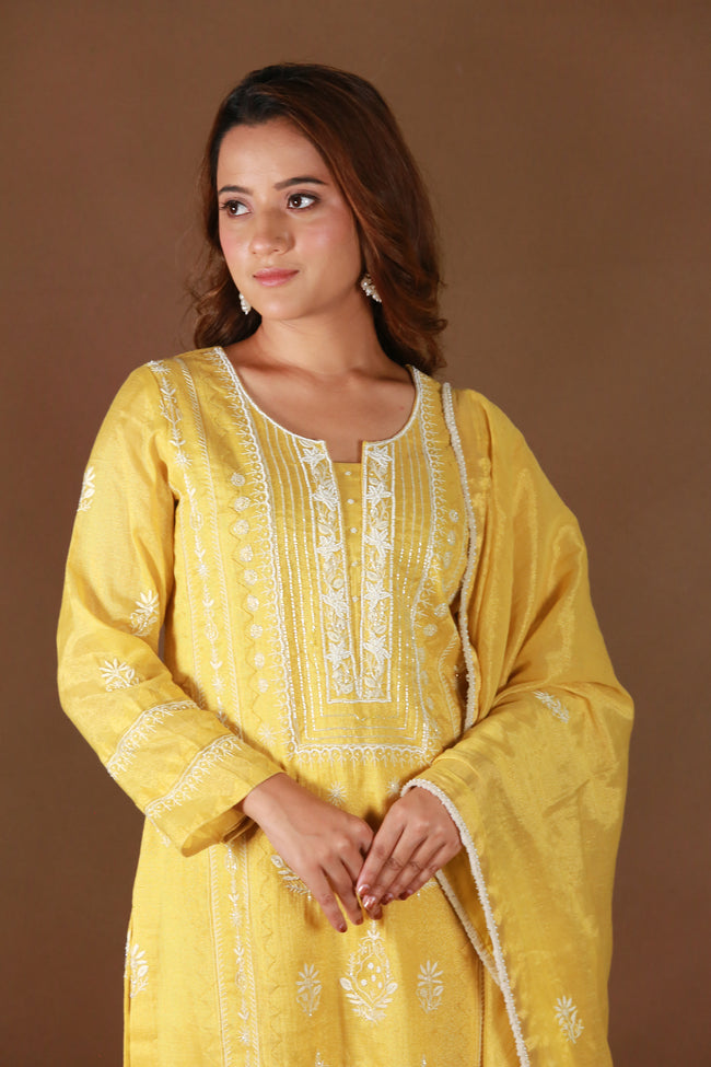 Urviya Chikankari Tissue Golden Cutdaana Pearl Work Galla Boota Daraj Suit