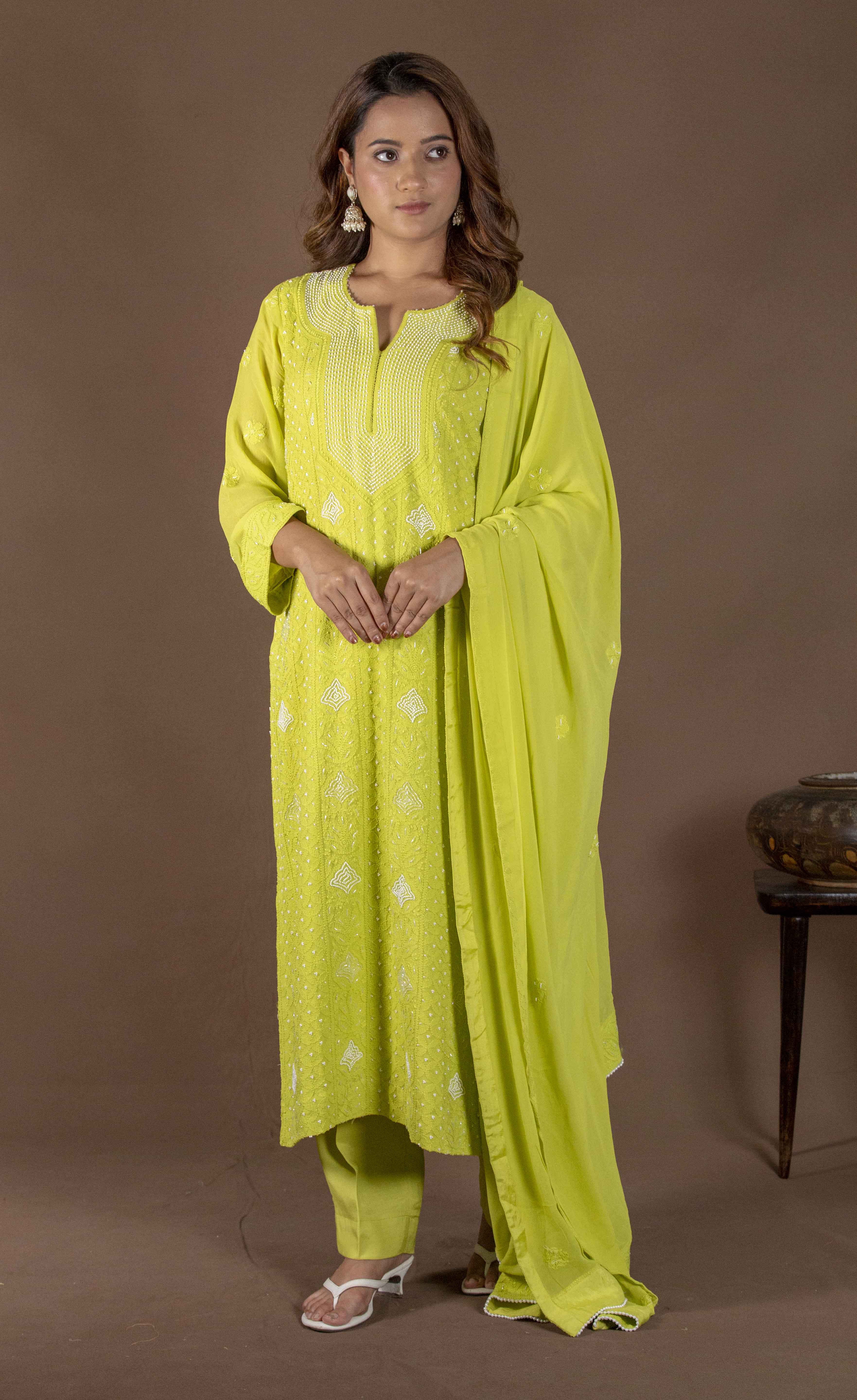 Urviya Chikankari Viscose Georgette Light Green Pearl Work Cutdaana Galla Boota Suit