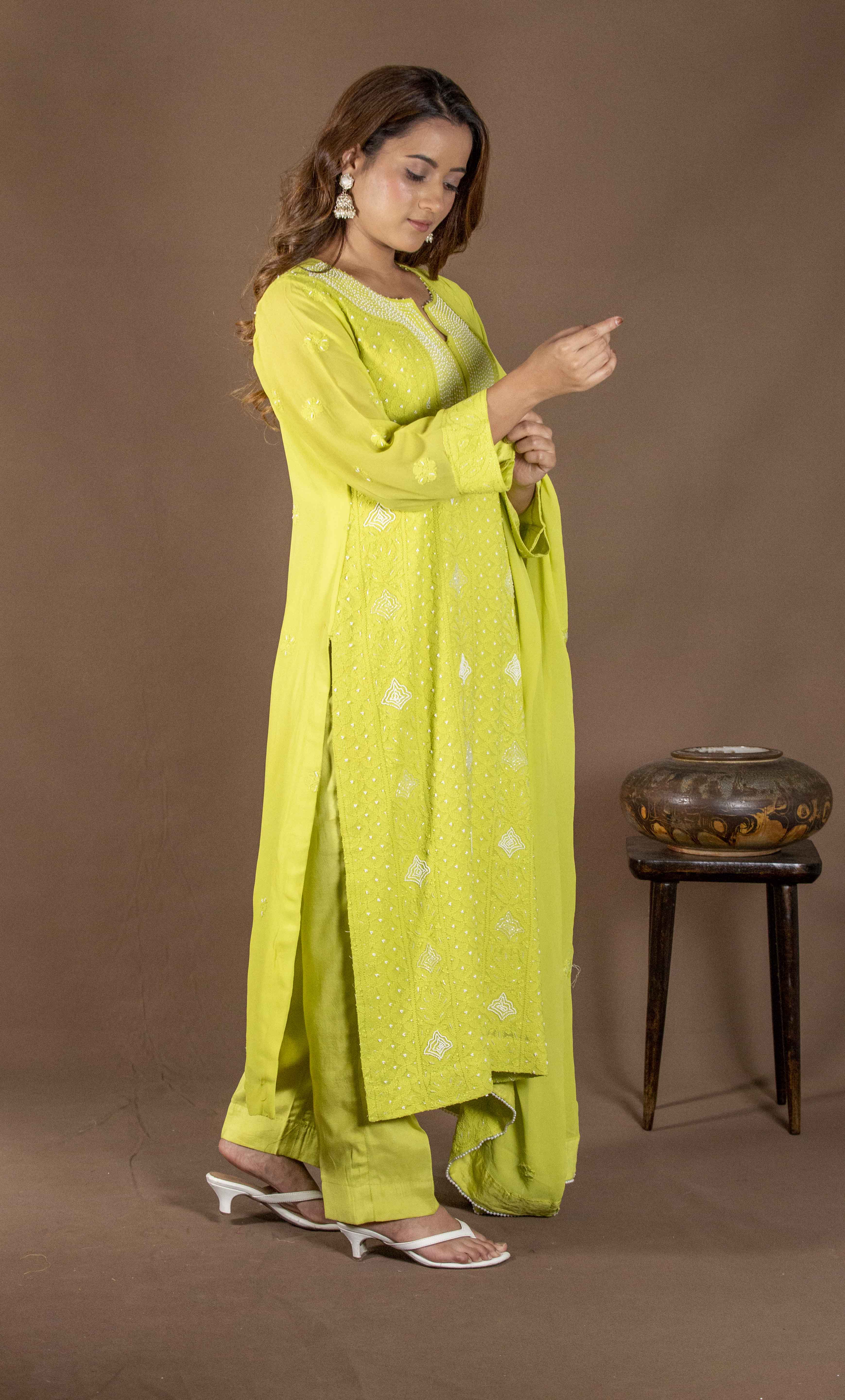 Urviya Chikankari Viscose Georgette Light Green Pearl Work Cutdaana Galla Boota Suit