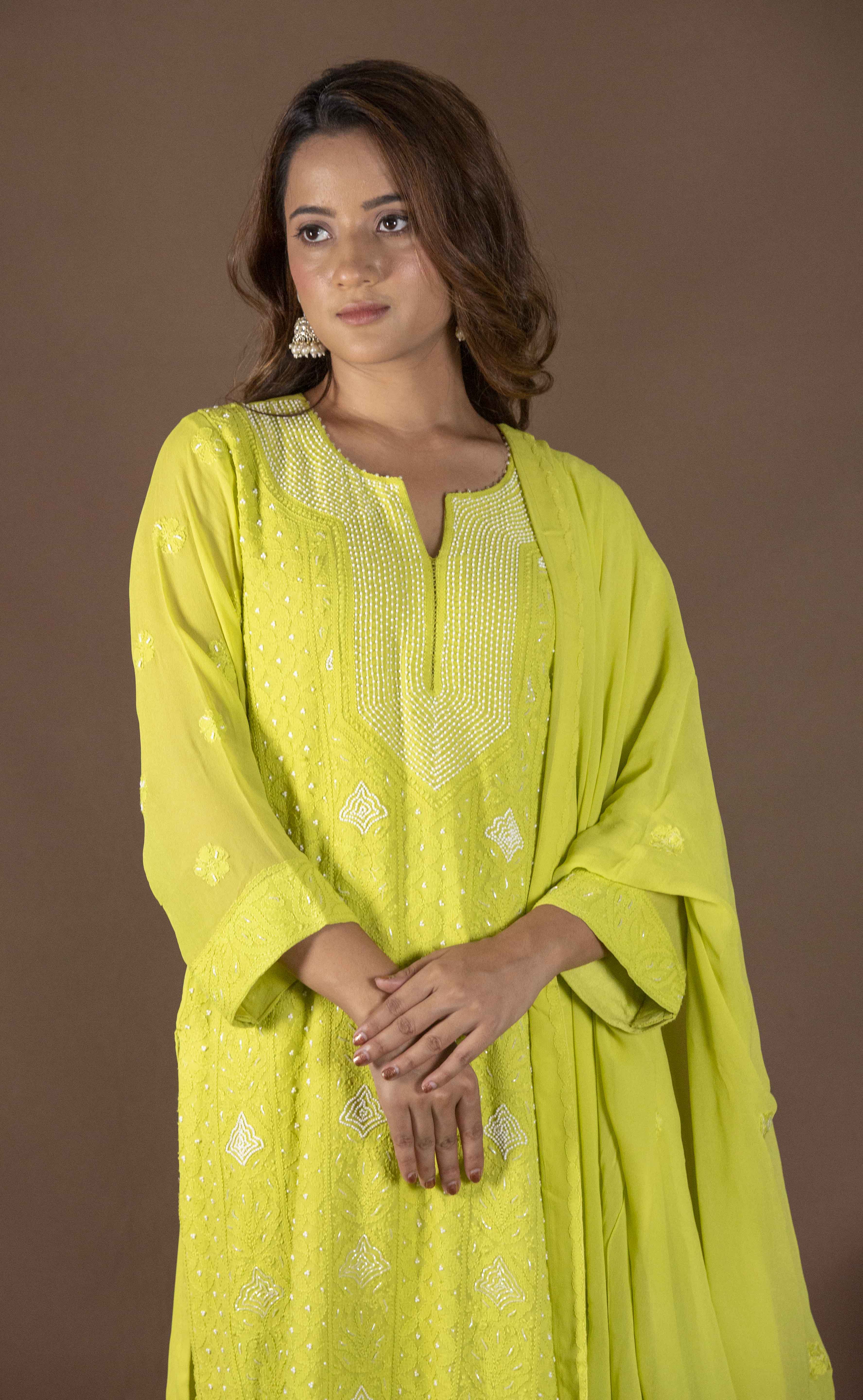 Urviya Chikankari Viscose Georgette Light Green Pearl Work Cutdaana Galla Boota Suit