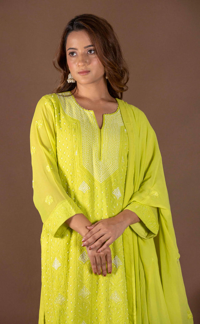 Urviya Chikankari Viscose Georgette Light Green Pearl Work Cutdaana Galla Boota Suit