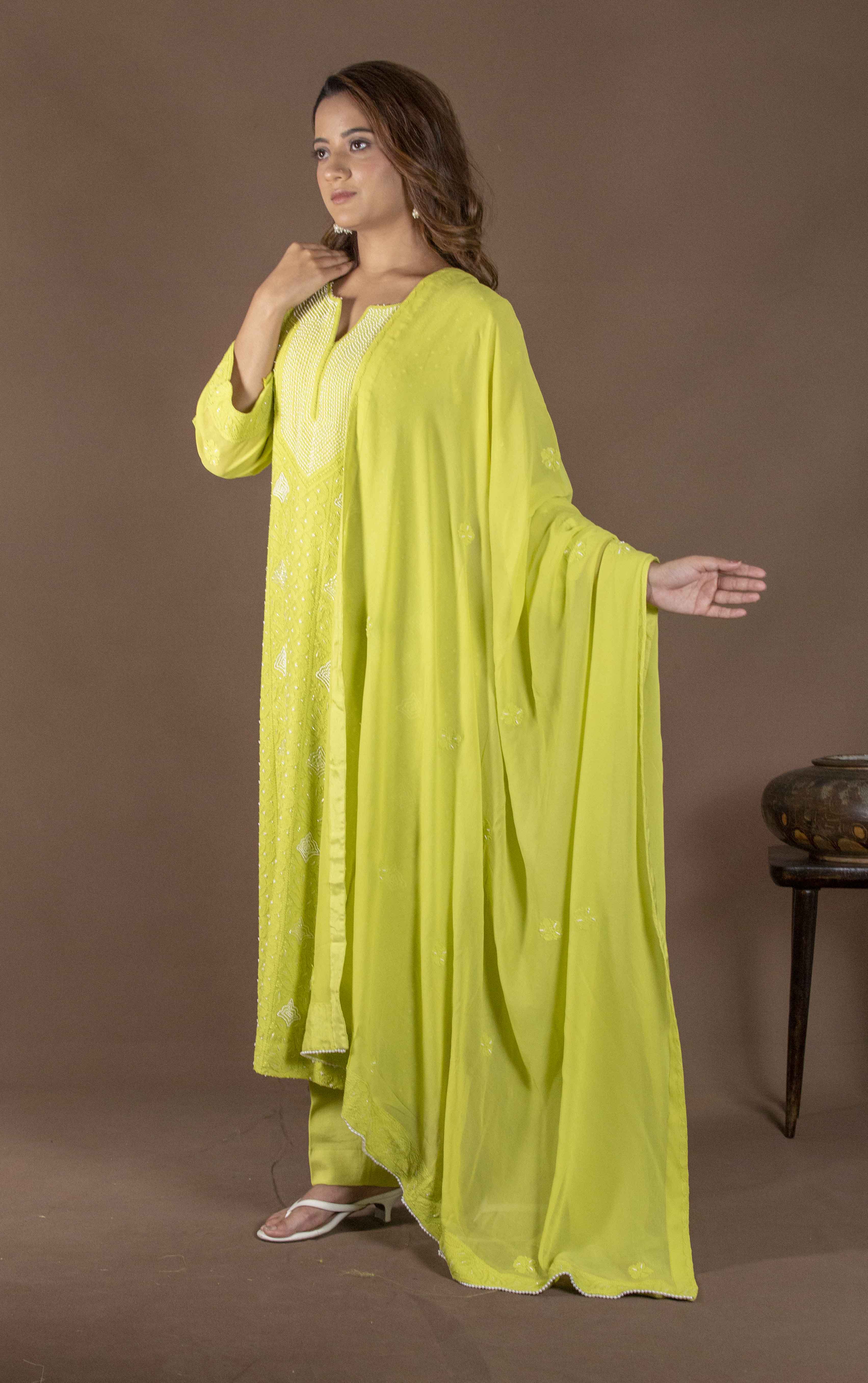 Urviya Chikankari Viscose Georgette Light Green Pearl Work Cutdaana Galla Boota Suit
