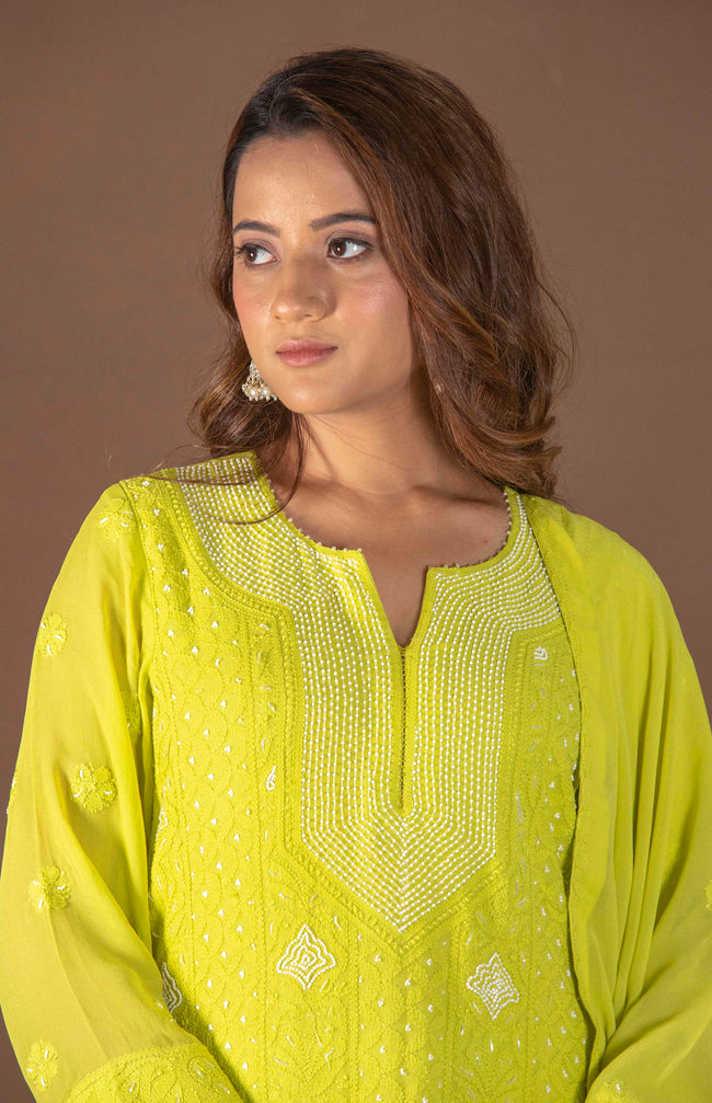 Urviya Chikankari Viscose Georgette Light Green Pearl Work Cutdaana Galla Boota Suit