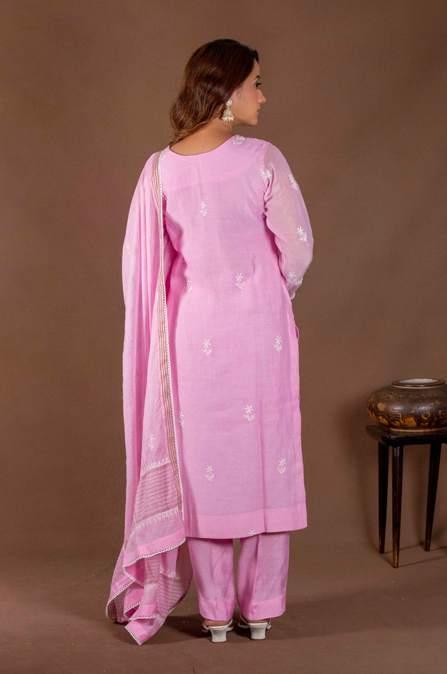 Urviya Chikankari Mul Chanderi Pink Pearl work and Cutdaana Suit