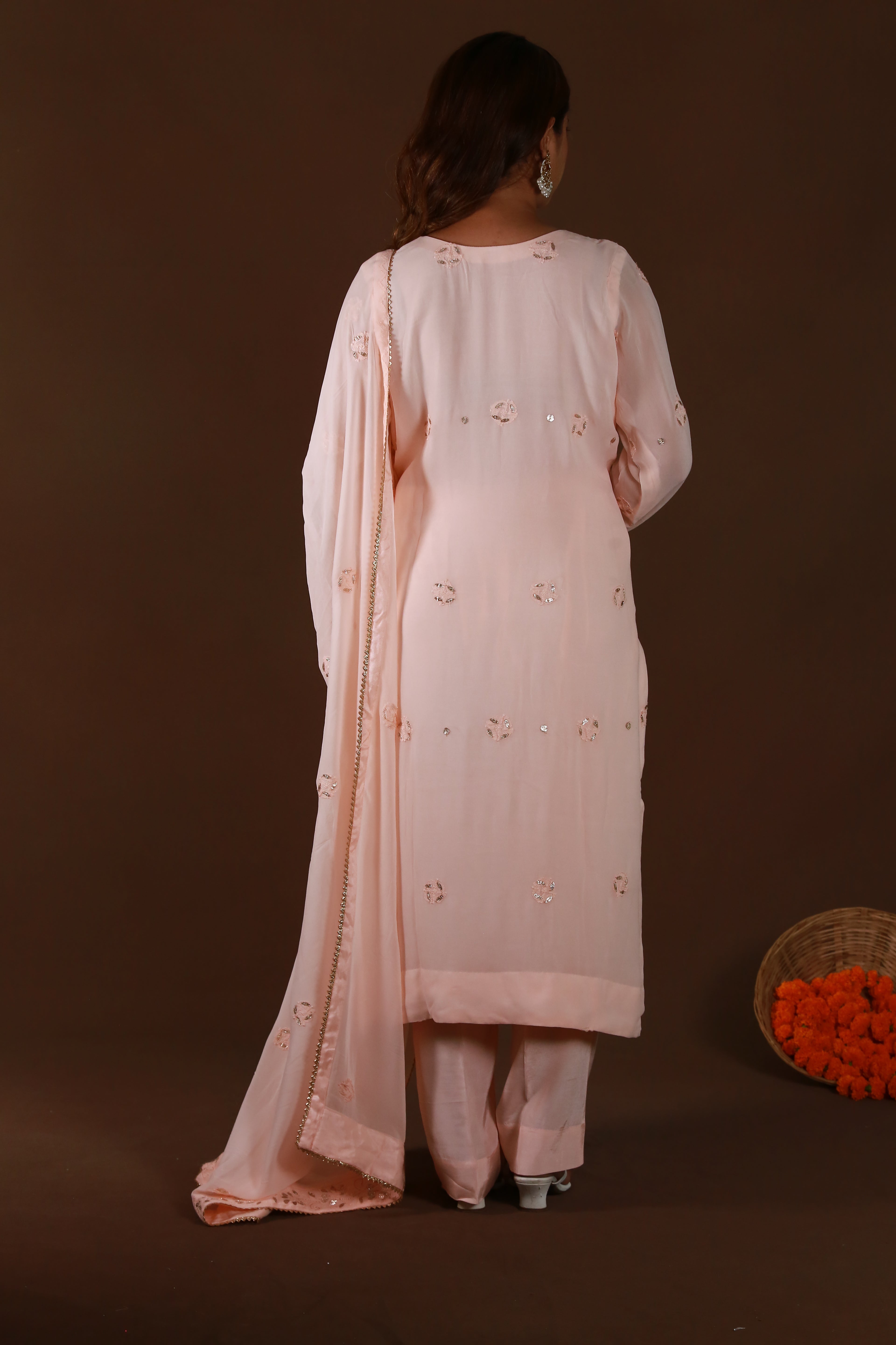 Urviya Chikankari Viscose Georgette Peach Gotta Patti Pearl Work Zari Work Stiched Suit