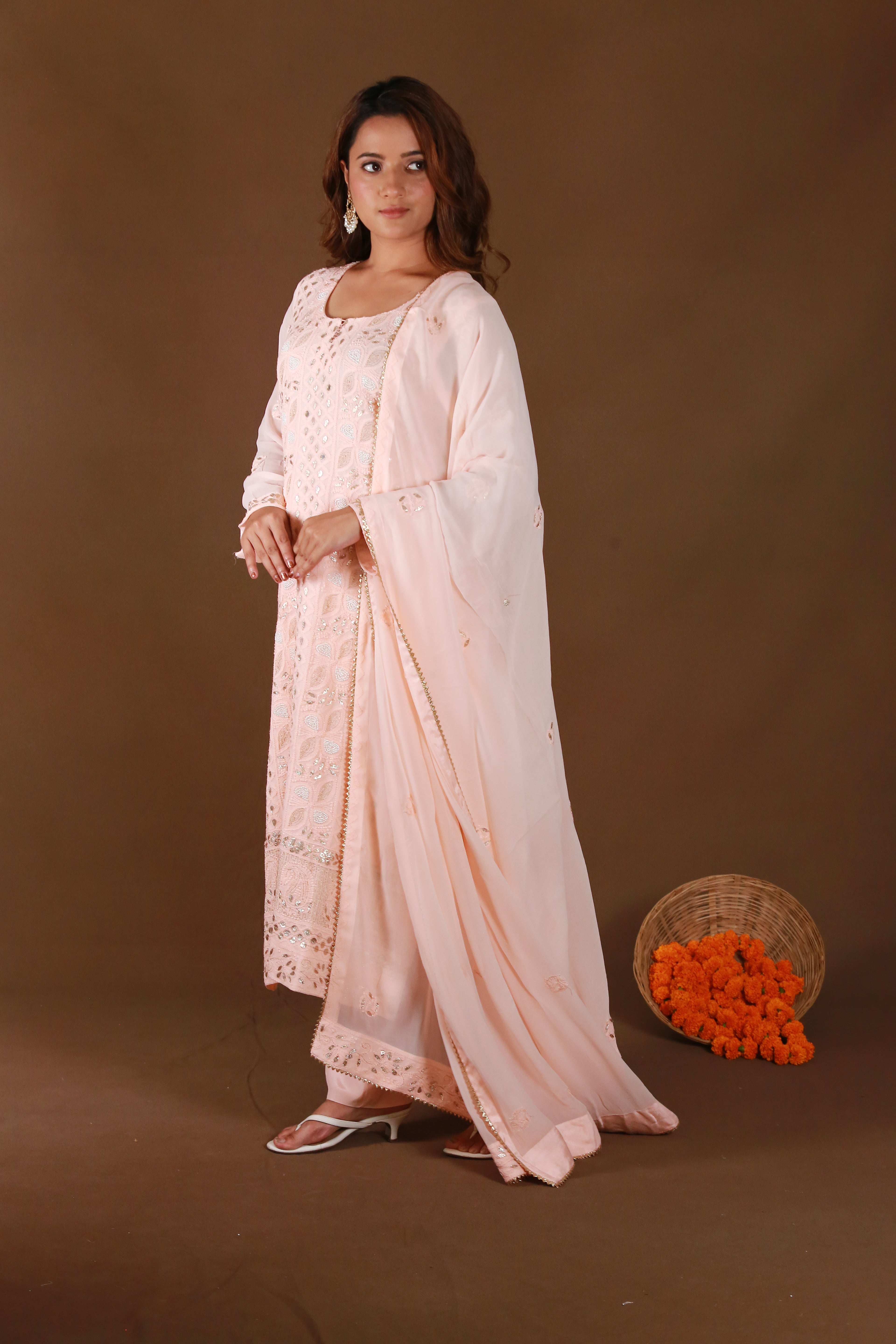 Urviya Chikankari Viscose Georgette Peach Gotta Patti Pearl Work Zari Work Stiched Suit