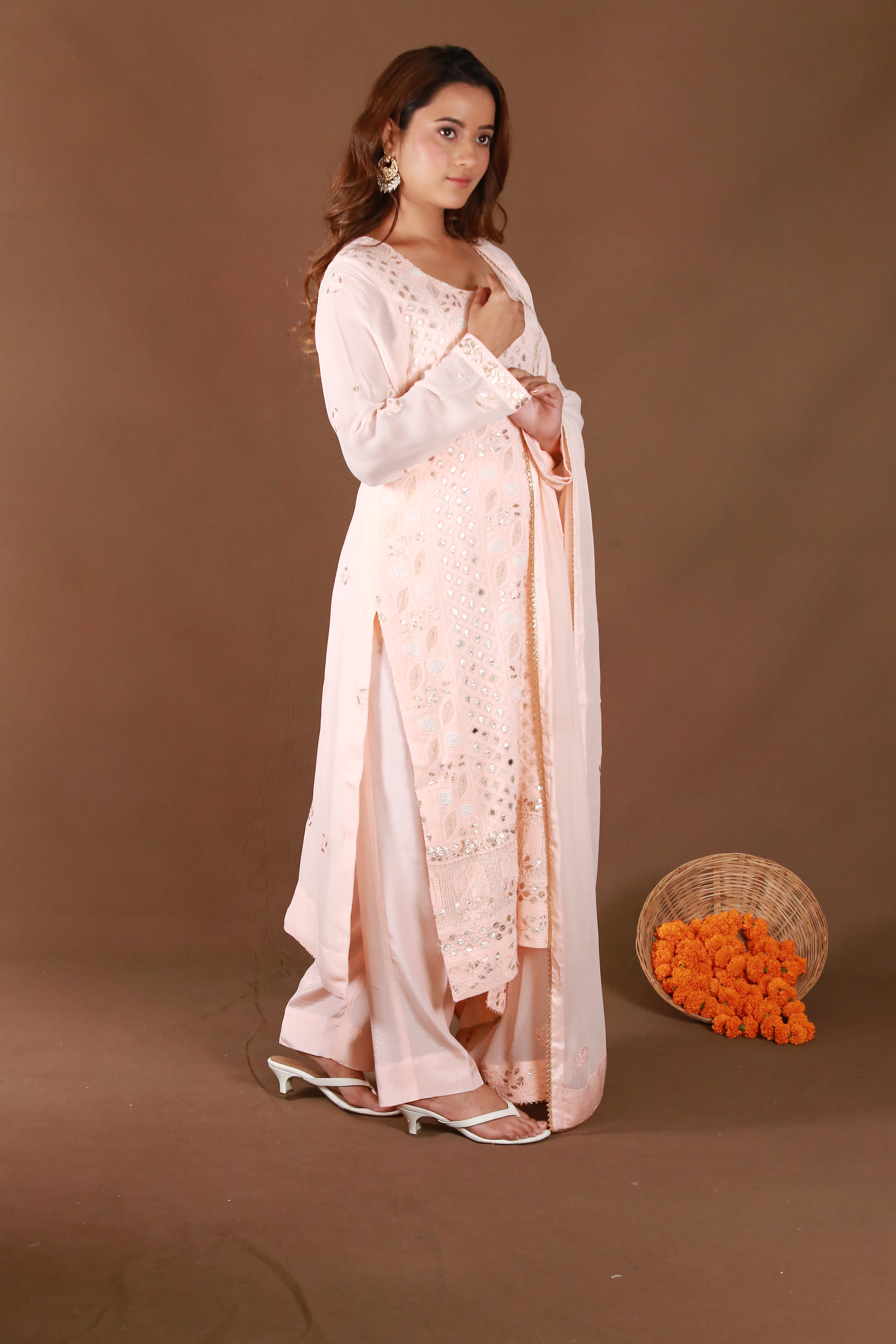 Urviya Chikankari Viscose Georgette Peach Gotta Patti Pearl Work Zari Work Stiched Suit