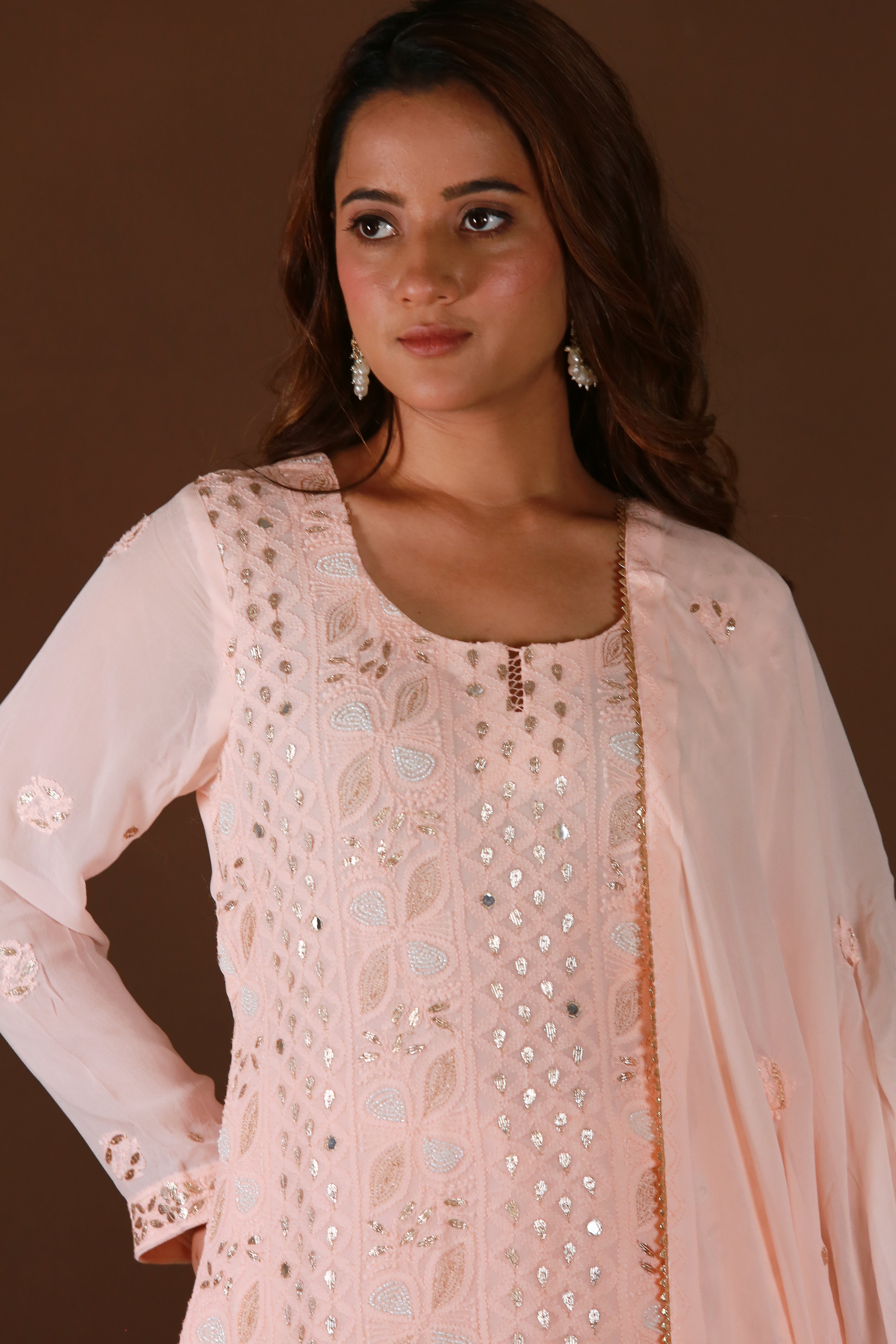 Urviya Chikankari Viscose Georgette Peach Gotta Patti Pearl Work Zari Work Stiched Suit