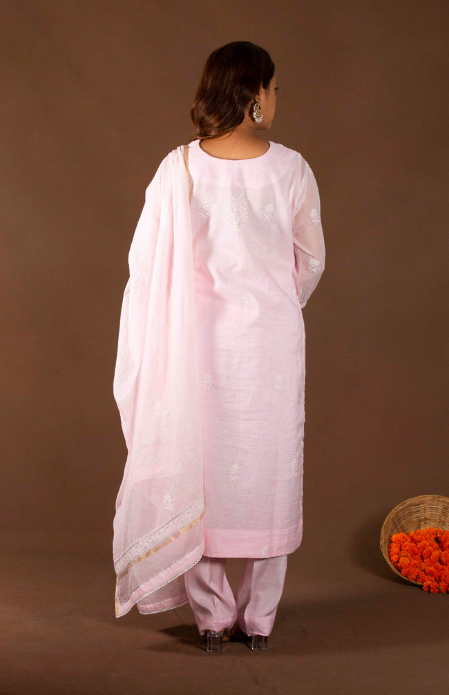 Urviya Chikankari Mul Chanderi Pink Thread work and Gotta work Gala Boota Suit
