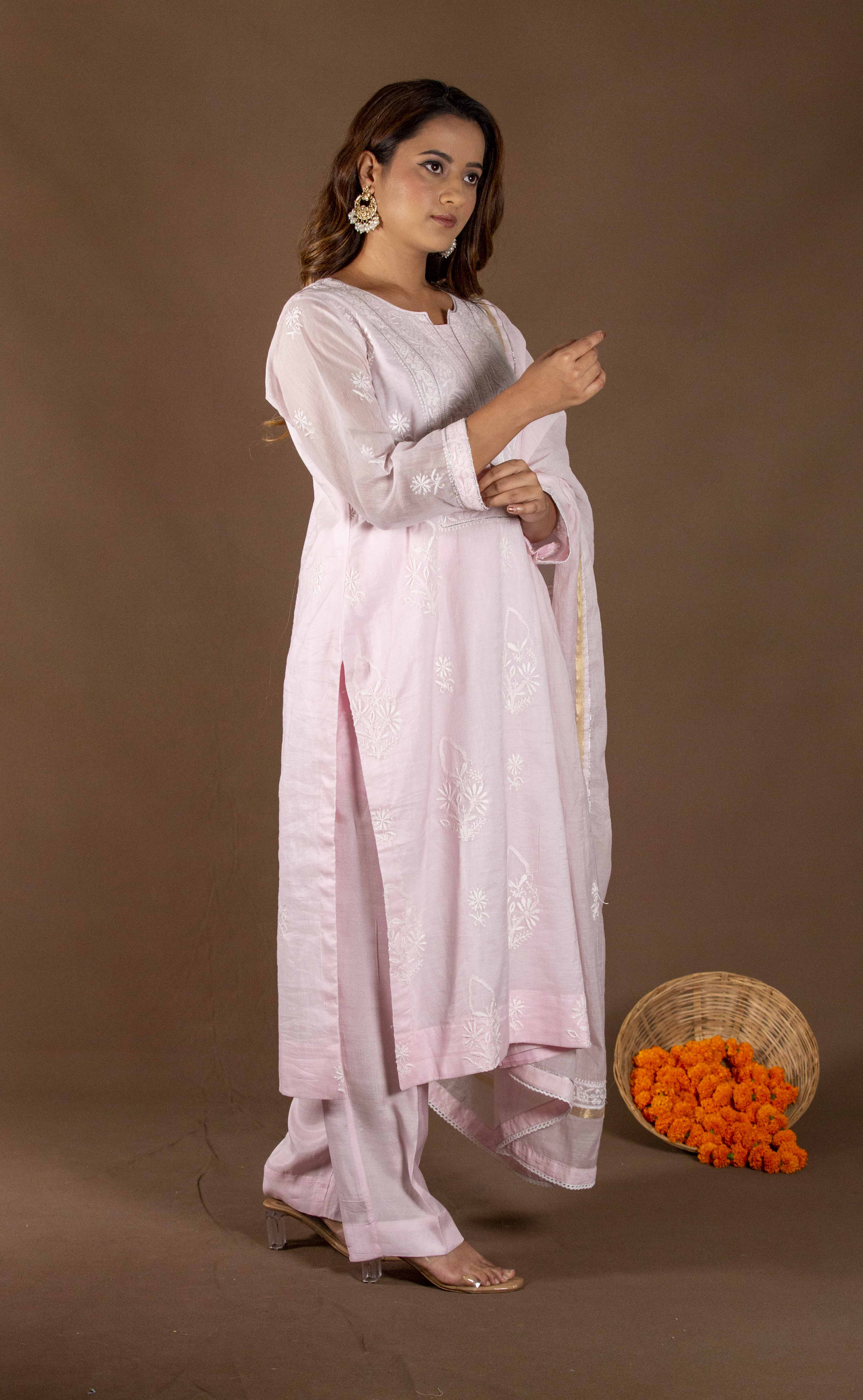 Urviya Chikankari Mul Chanderi Pink Thread work and Gotta work Gala Boota Suit