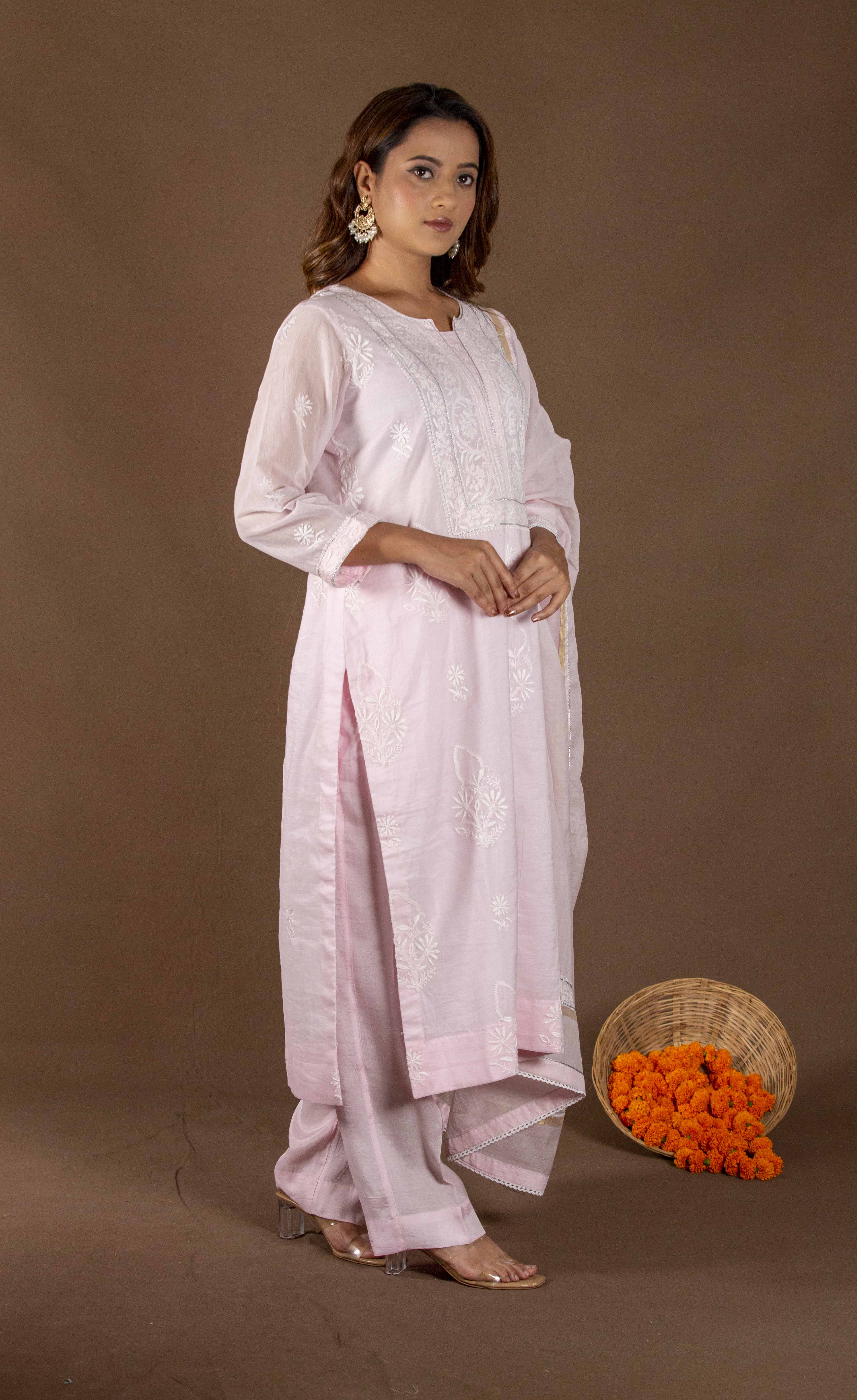 Urviya Chikankari Mul Chanderi Pink Thread work and Gotta work Gala Boota Suit