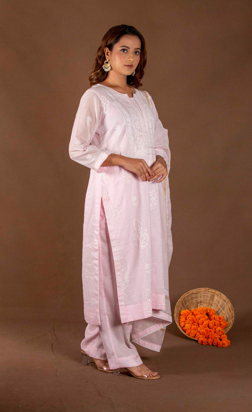 Urviya Chikankari Mul Chanderi Pink Thread work and Gotta work Gala Boota Suit