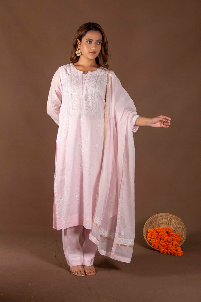 Urviya Chikankari Mul Chanderi Pink Thread work and Gotta work Gala Boota Suit