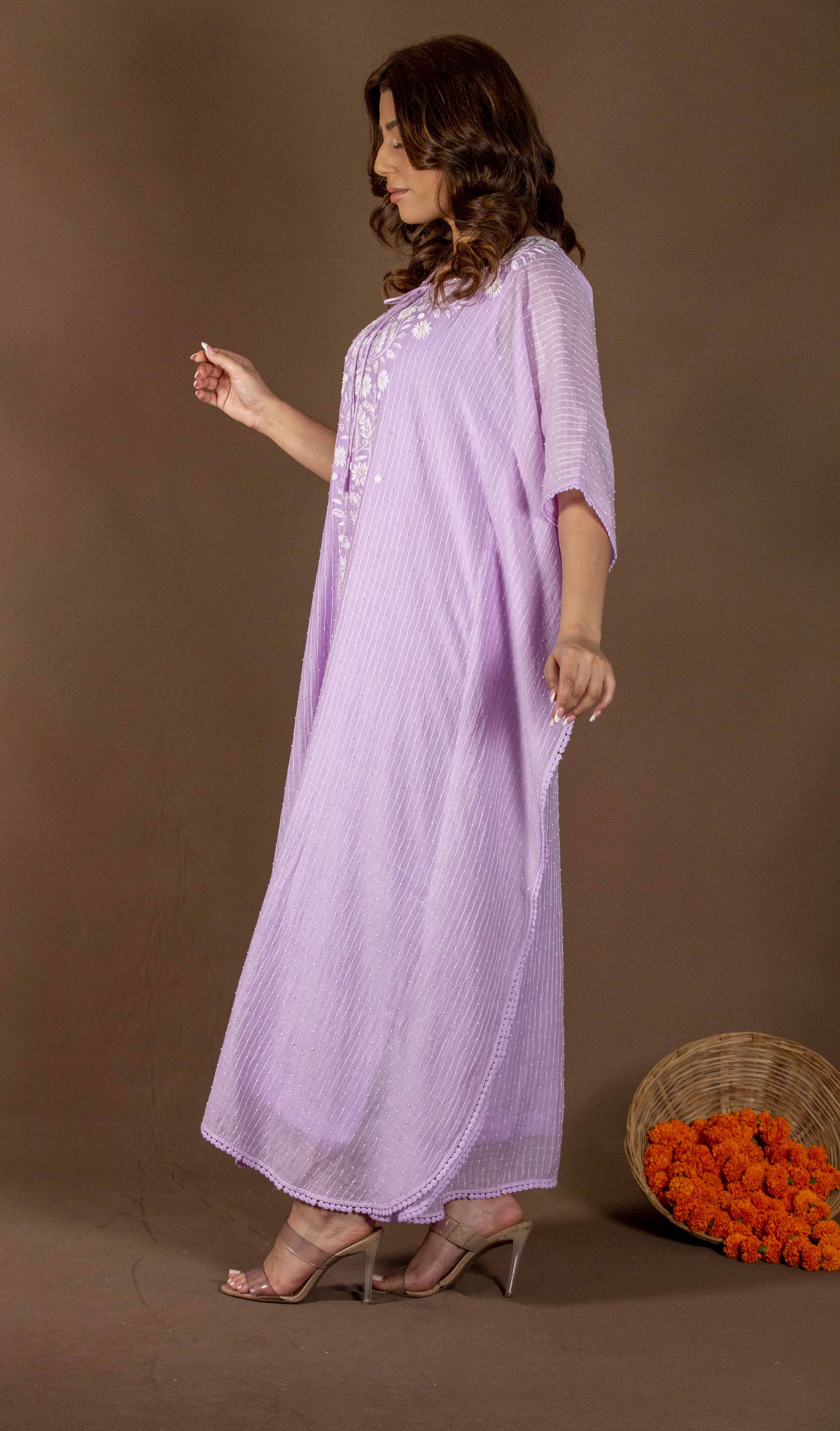 Urviya Chikankari Maheshwari Cotton Purple Cutdaana Peal Work Kaftaan