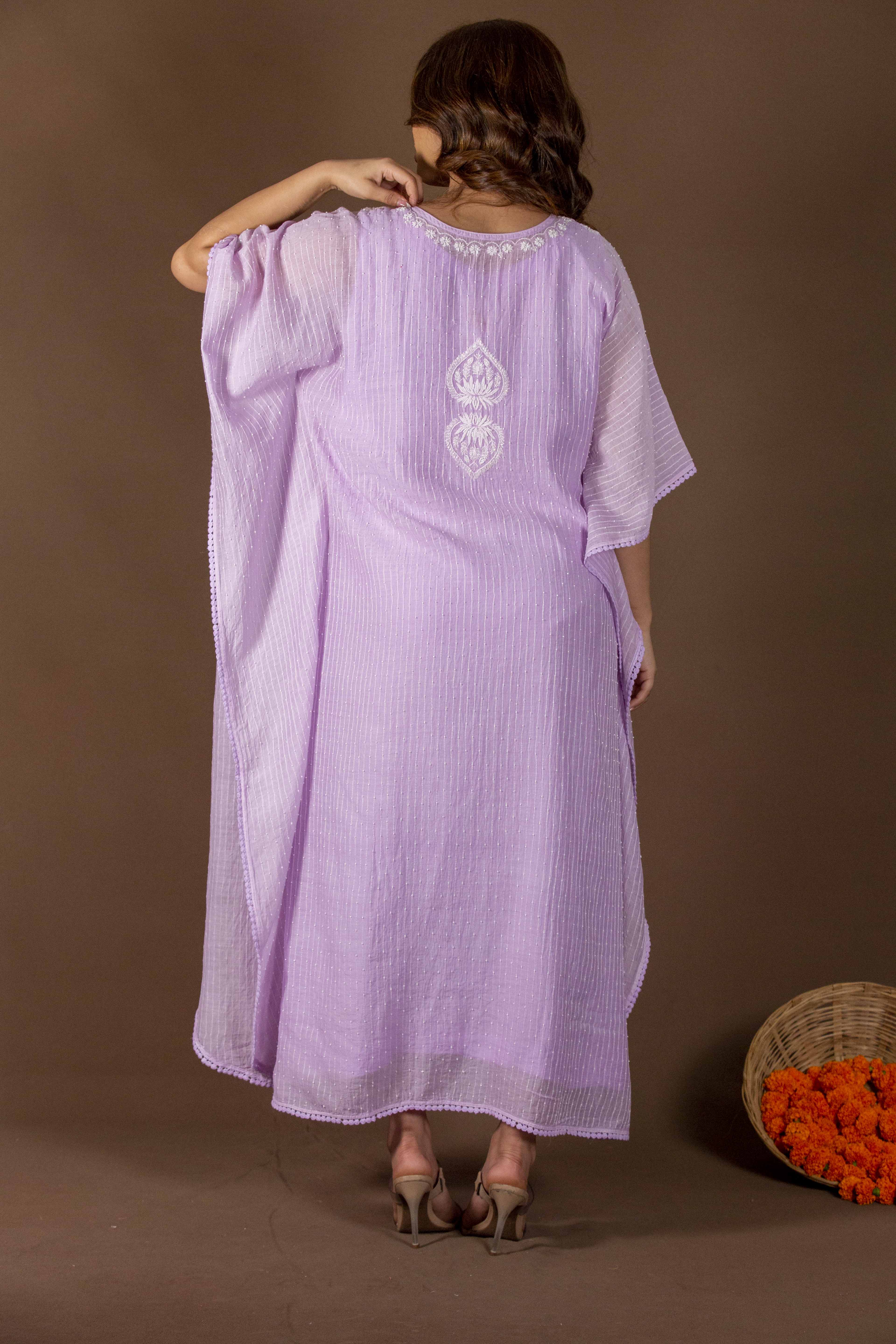 Urviya Chikankari Maheshwari Cotton Purple Cutdaana Peal Work Kaftaan