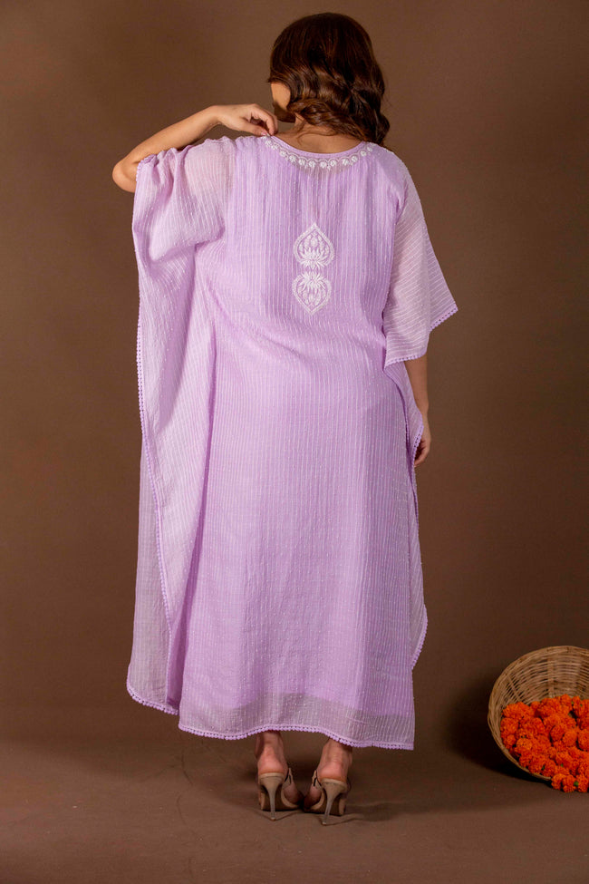 Urviya Chikankari Maheshwari Cotton Purple Cutdaana Peal Work Kaftaan