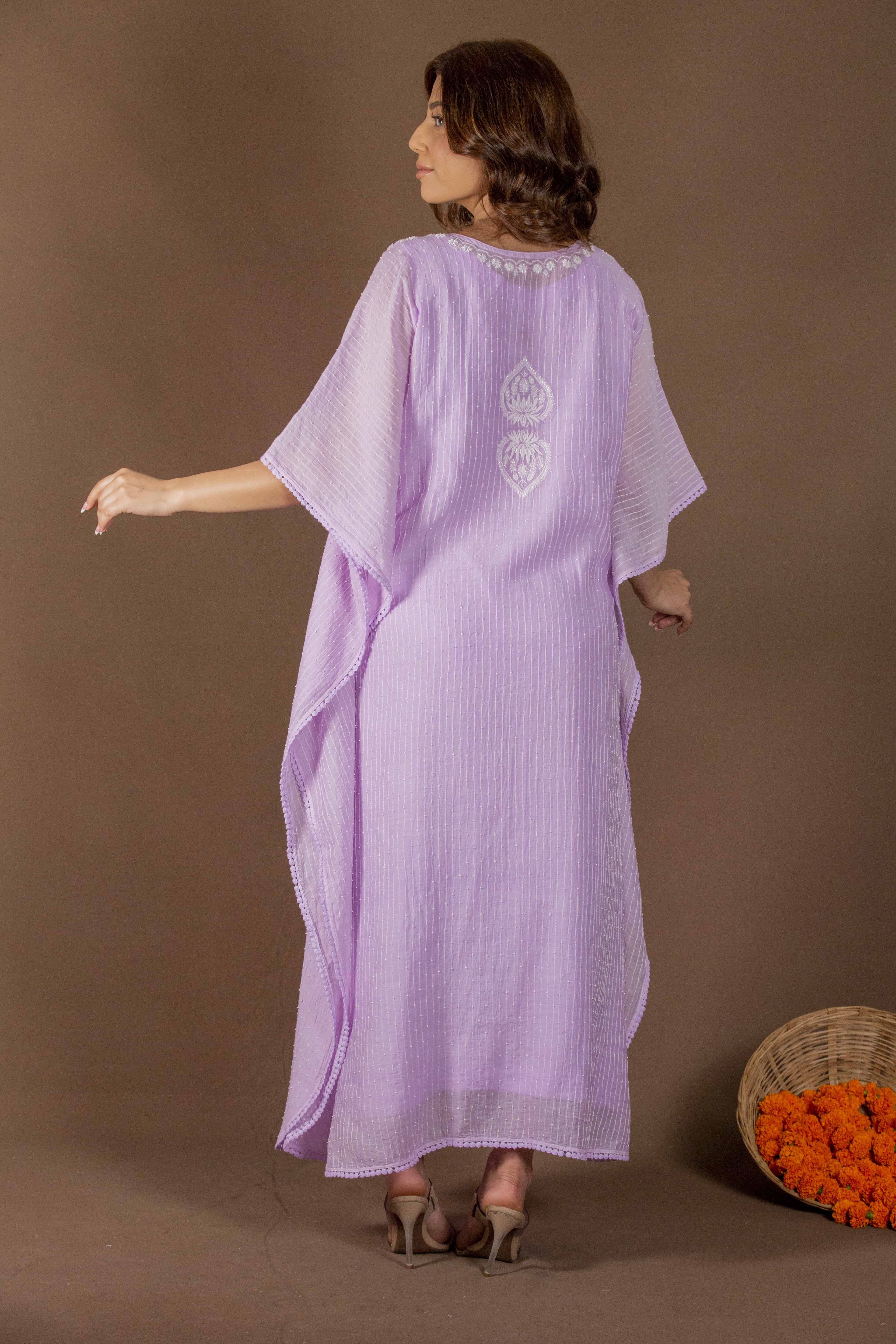 Urviya Chikankari Maheshwari Cotton Purple Cutdaana Peal Work Kaftaan
