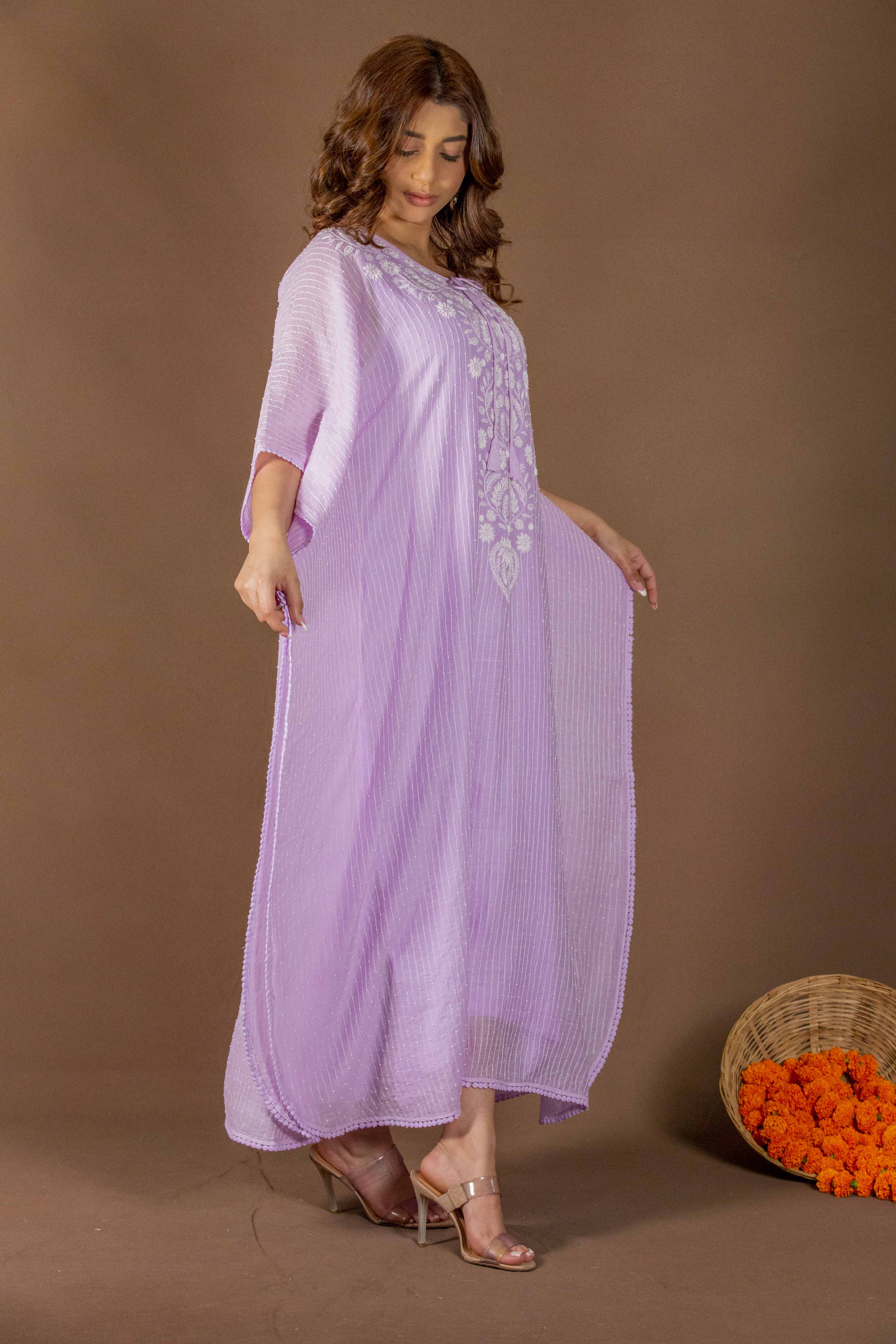 Urviya Chikankari Maheshwari Cotton Purple Cutdaana Peal Work Kaftaan