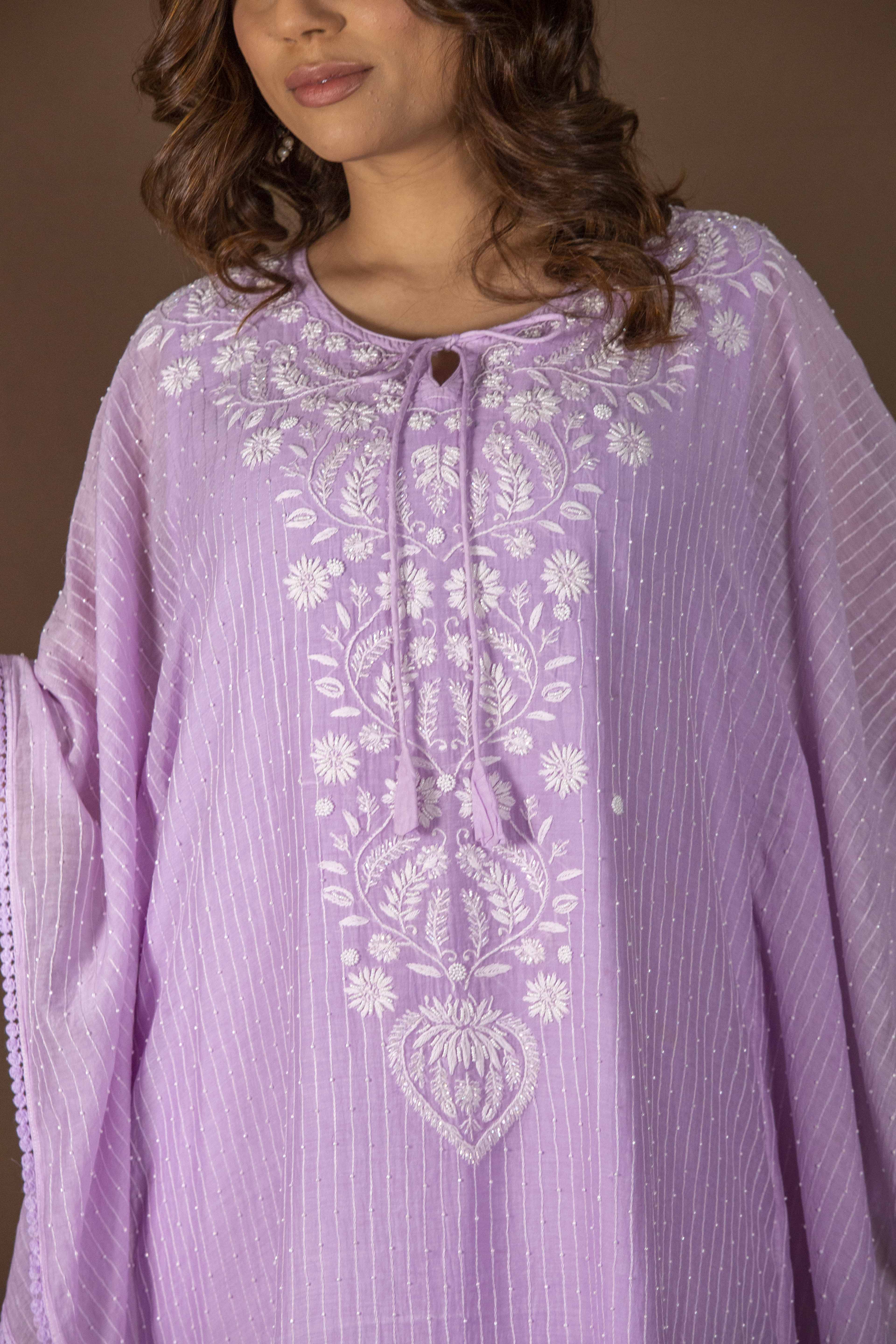 Urviya Chikankari Maheshwari Cotton Purple Cutdaana Peal Work Kaftaan