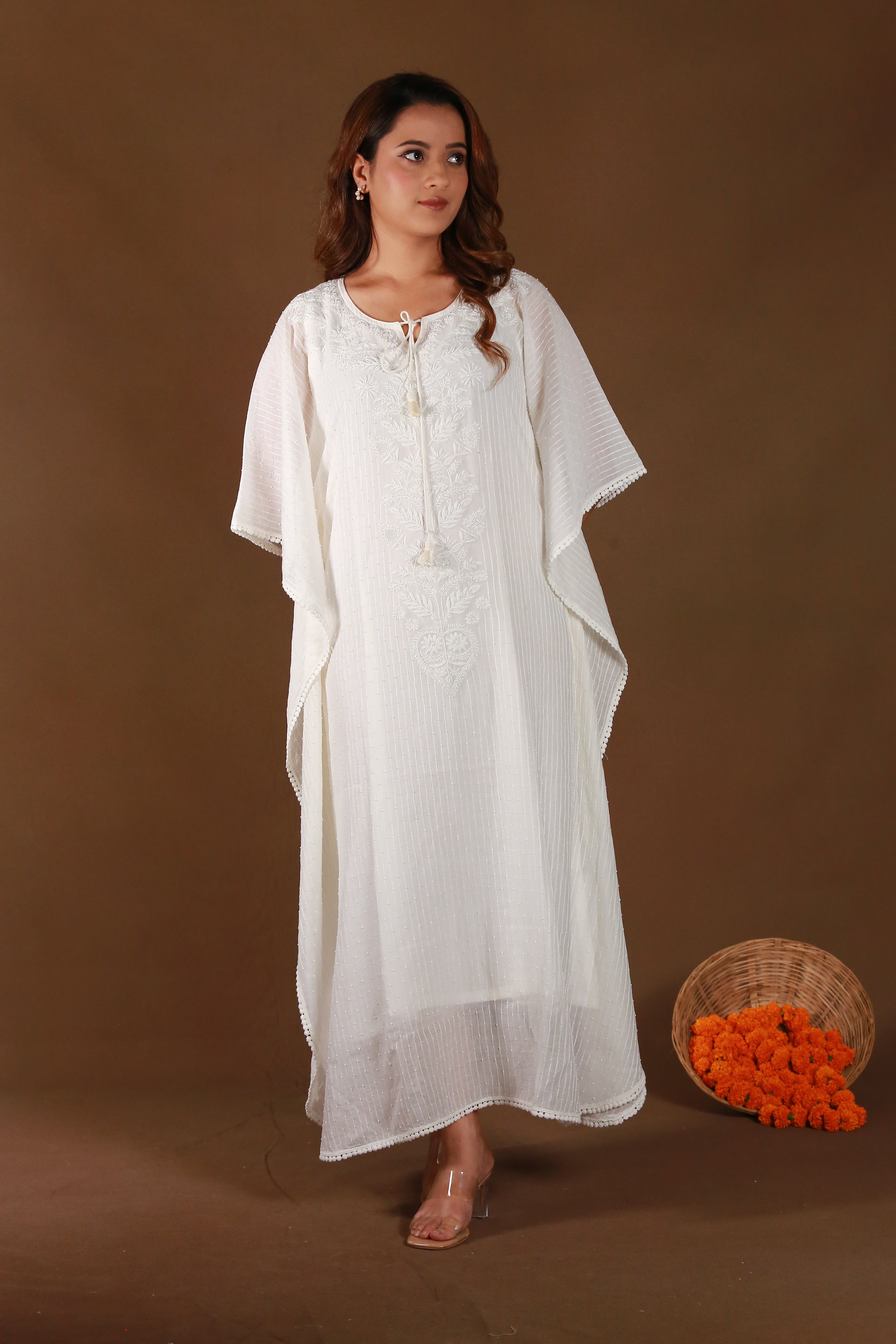 Urviya Chikankari Maheshwari Cotton White Pearl Work Cutdaana Kaftaan