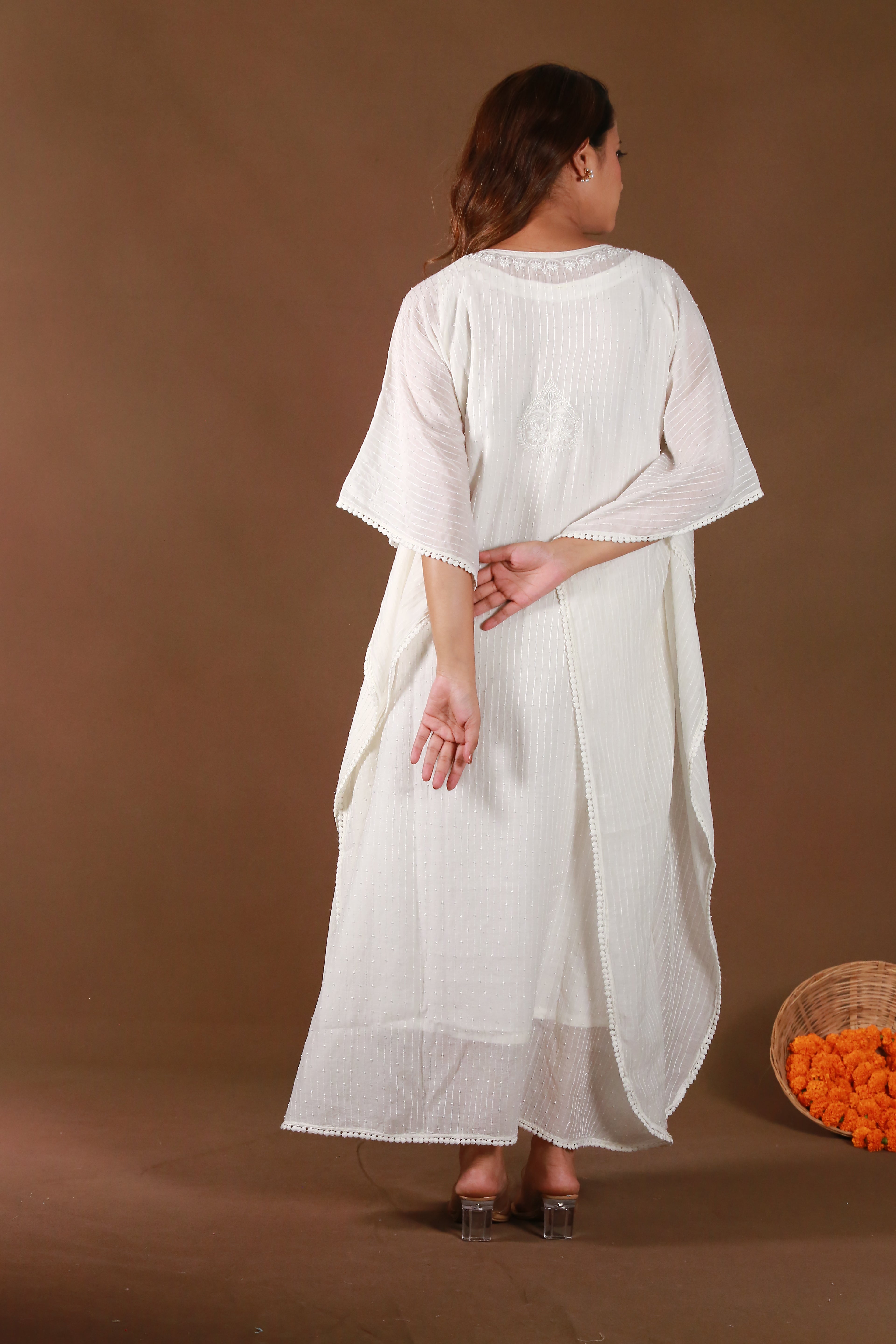 Urviya Chikankari Maheshwari Cotton White Pearl Work Cutdaana Kaftaan