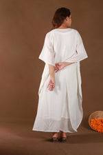 Urviya Chikankari Maheshwari Cotton White Pearl Work Cutdaana Kaftaan