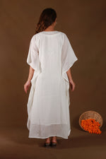 Urviya Chikankari Maheshwari Cotton White Pearl Work Cutdaana Kaftaan