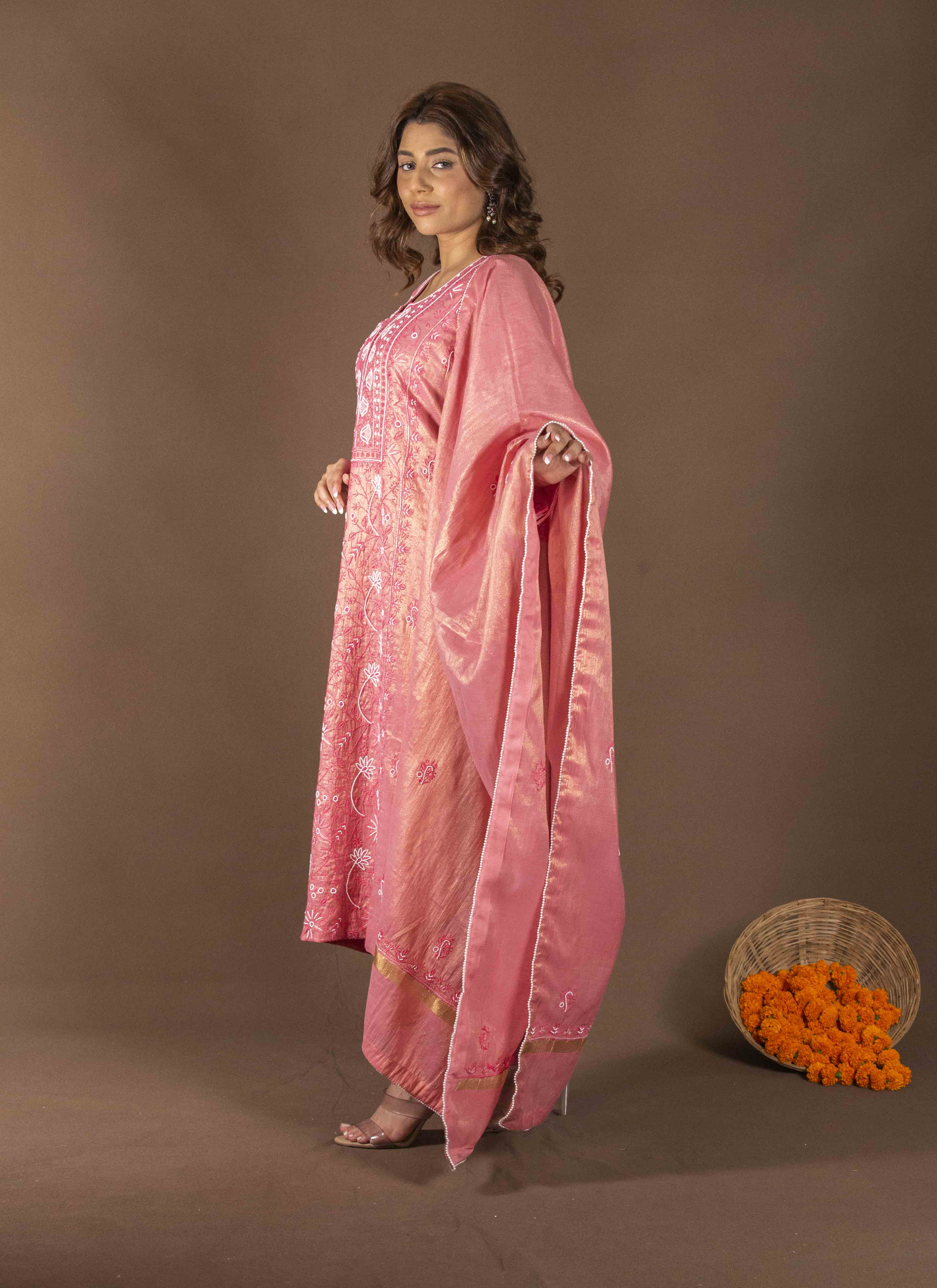 Urviya Chikankari Semi Tissue Cutdaana Pearl Work Panel Suit