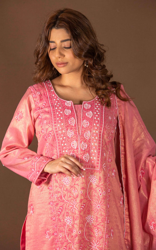 Urviya Chikankari Semi Tissue Cutdaana Pearl Work Panel Suit