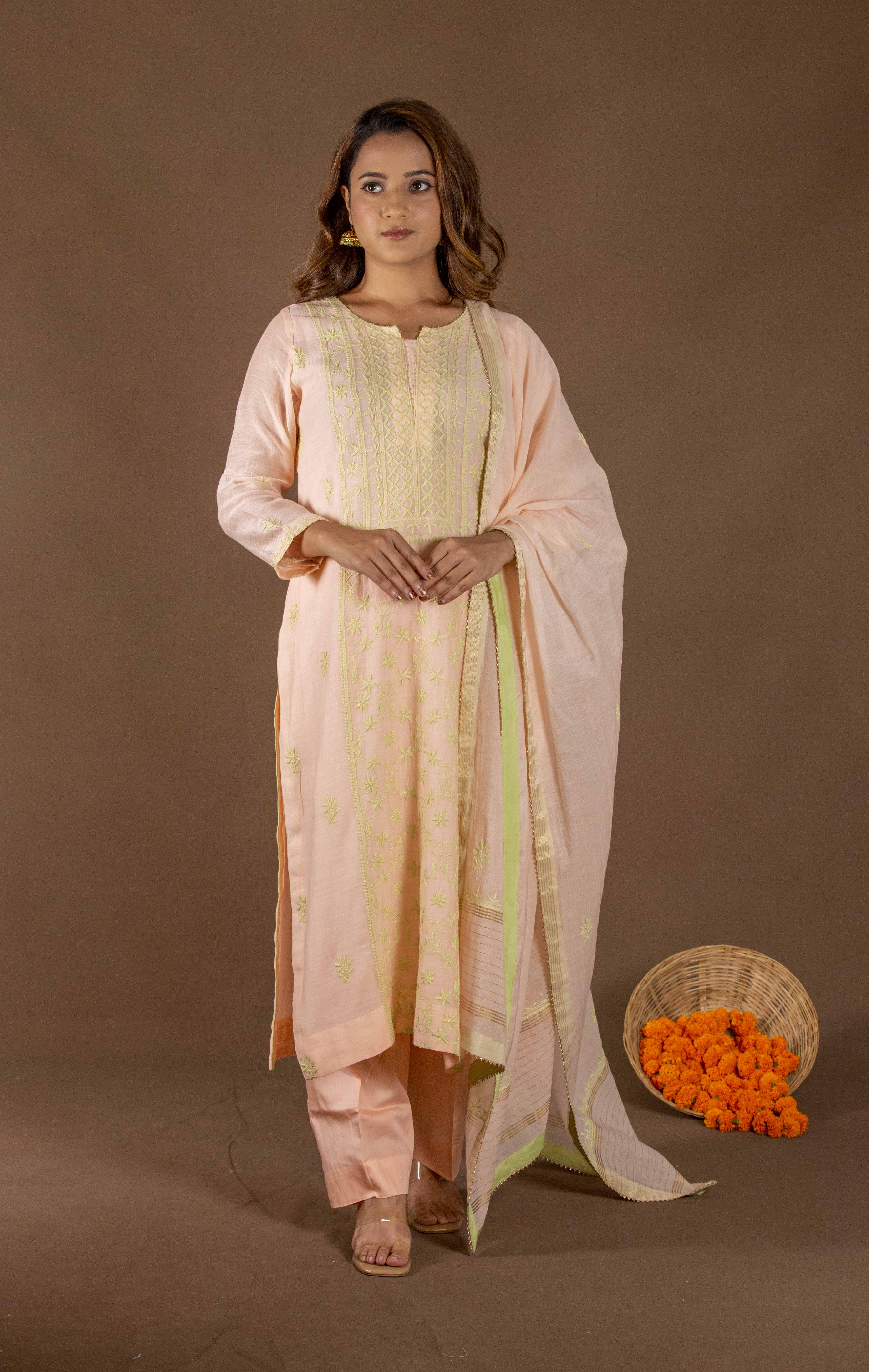 Urviya Chikankari Mul chanderi Peach Green Thread Panel Suit