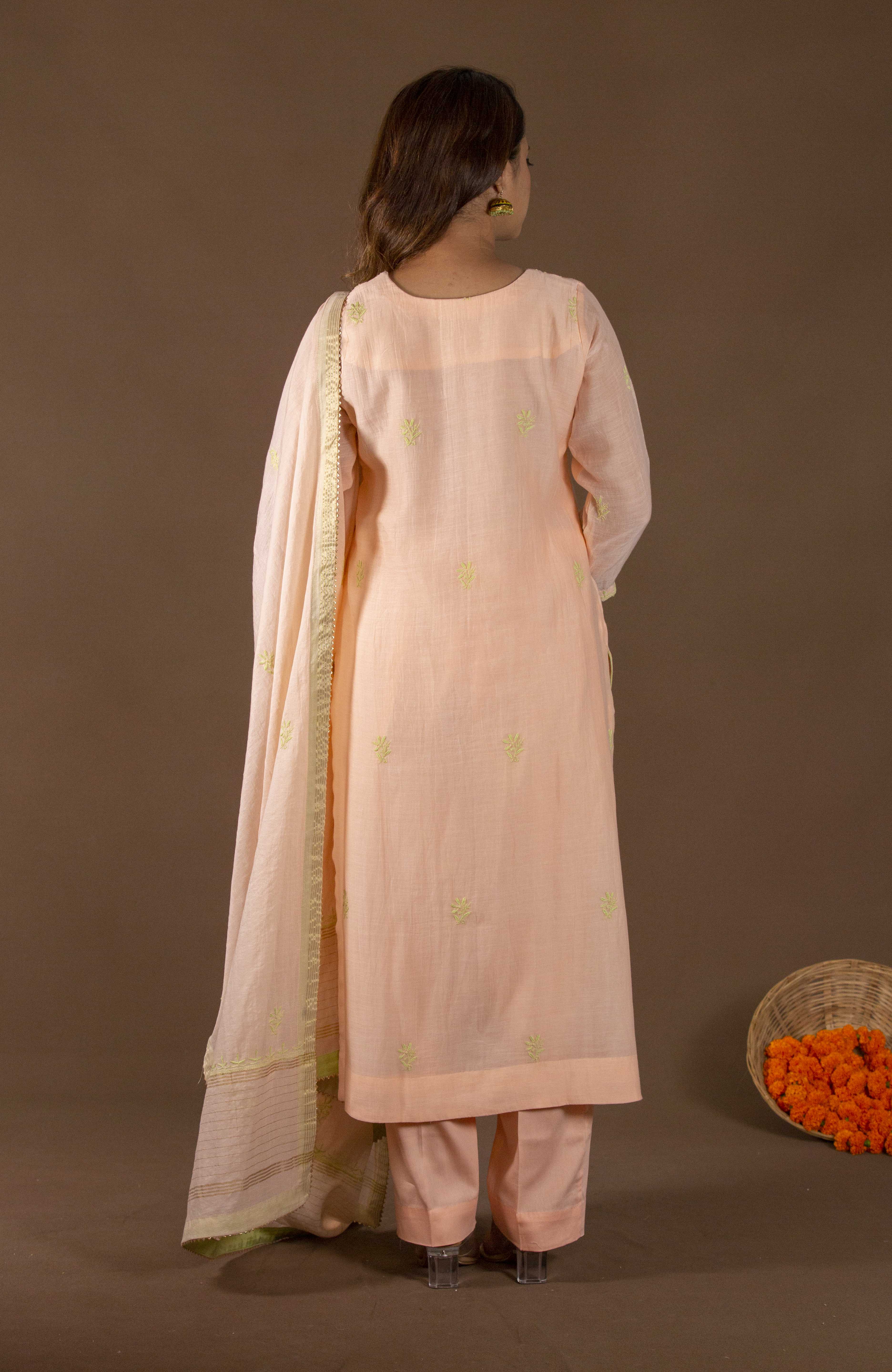 Urviya Chikankari Mul chanderi Peach Green Thread Panel Suit