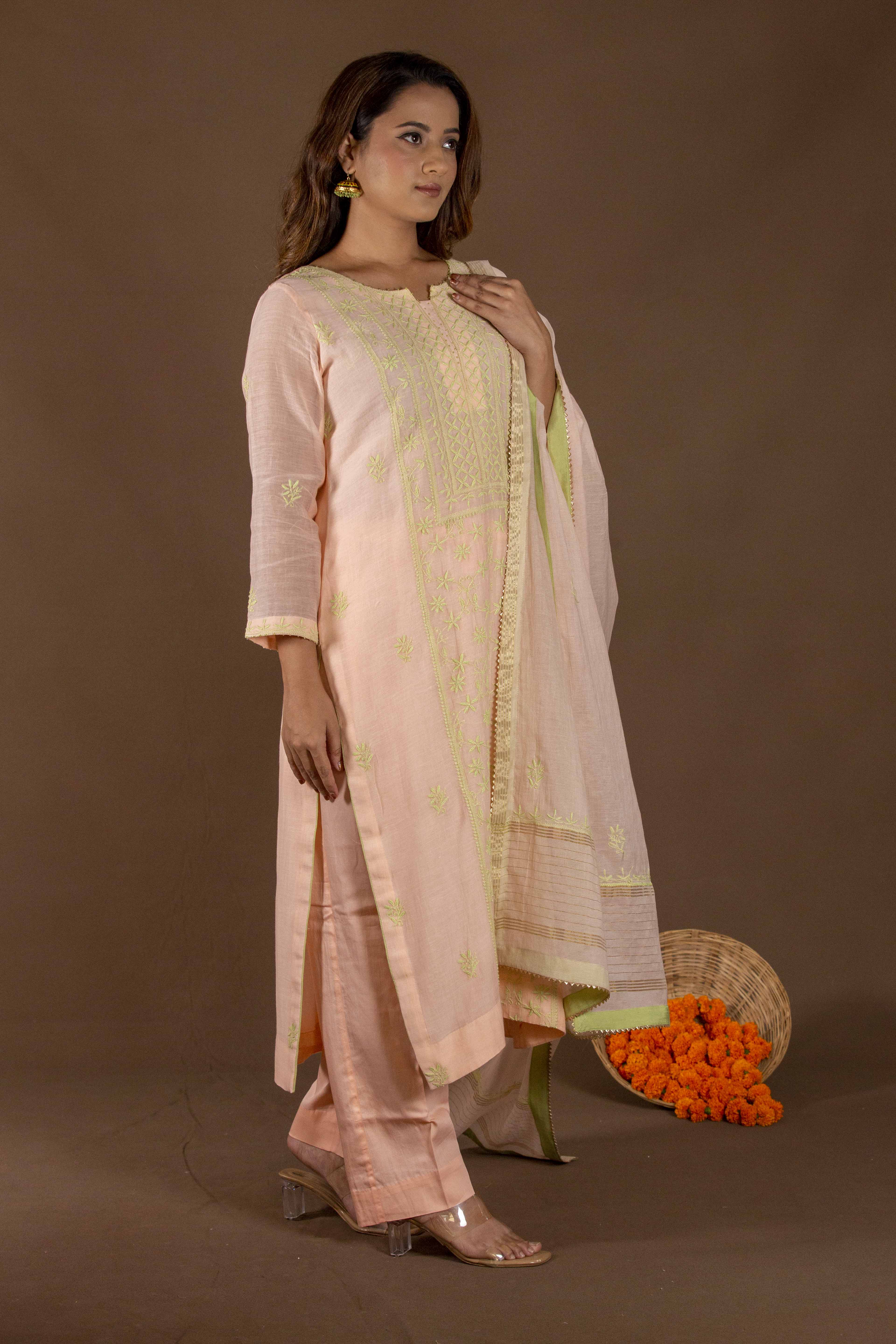 Urviya Chikankari Mul chanderi Peach Green Thread Panel Suit